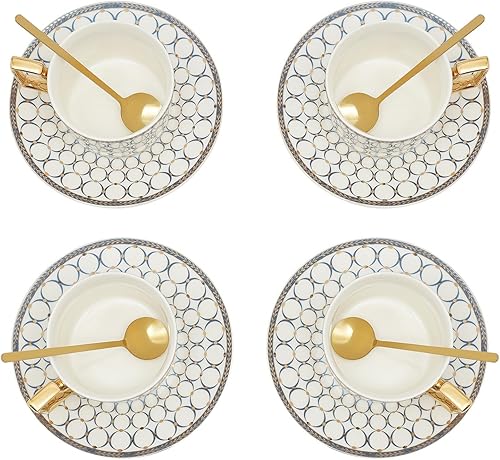 PaNeTnya Juego de 4 tazas y platillos de estilo europeo, taza de té y platillo de porcelana bellamente esmaltados con cuchara dorada adecuados para