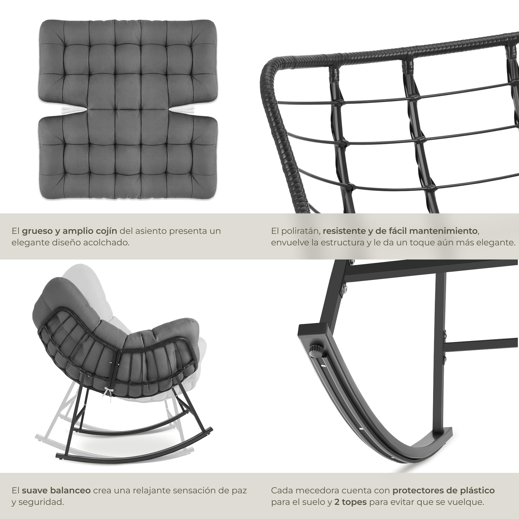 tectake® Silla Mecedora, Cojín Lavable Grueso, Sillon Lectura, 99,5 x 93 x 89 cm, Carga 120 kg, Butaca Salon, Interior Exterior, Sillon Lactancia, Sillones Dormitorio, Butaca Dormitorio - Antracita