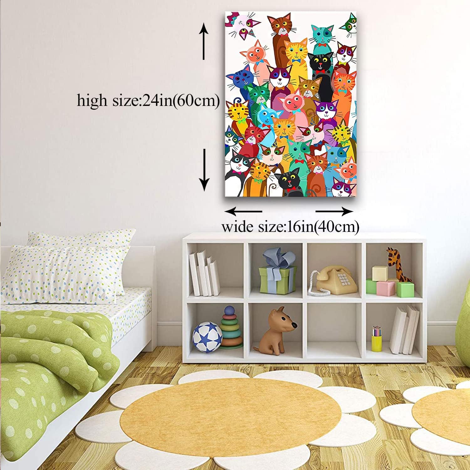 Framed Funny Colorful Cat Wall Art Cartoon Cat Canvas Print Cute Kitten Picture Poster Animals Painting Wall Decor for Bathroom Kid's Bedroom Nursery 16x24Inches