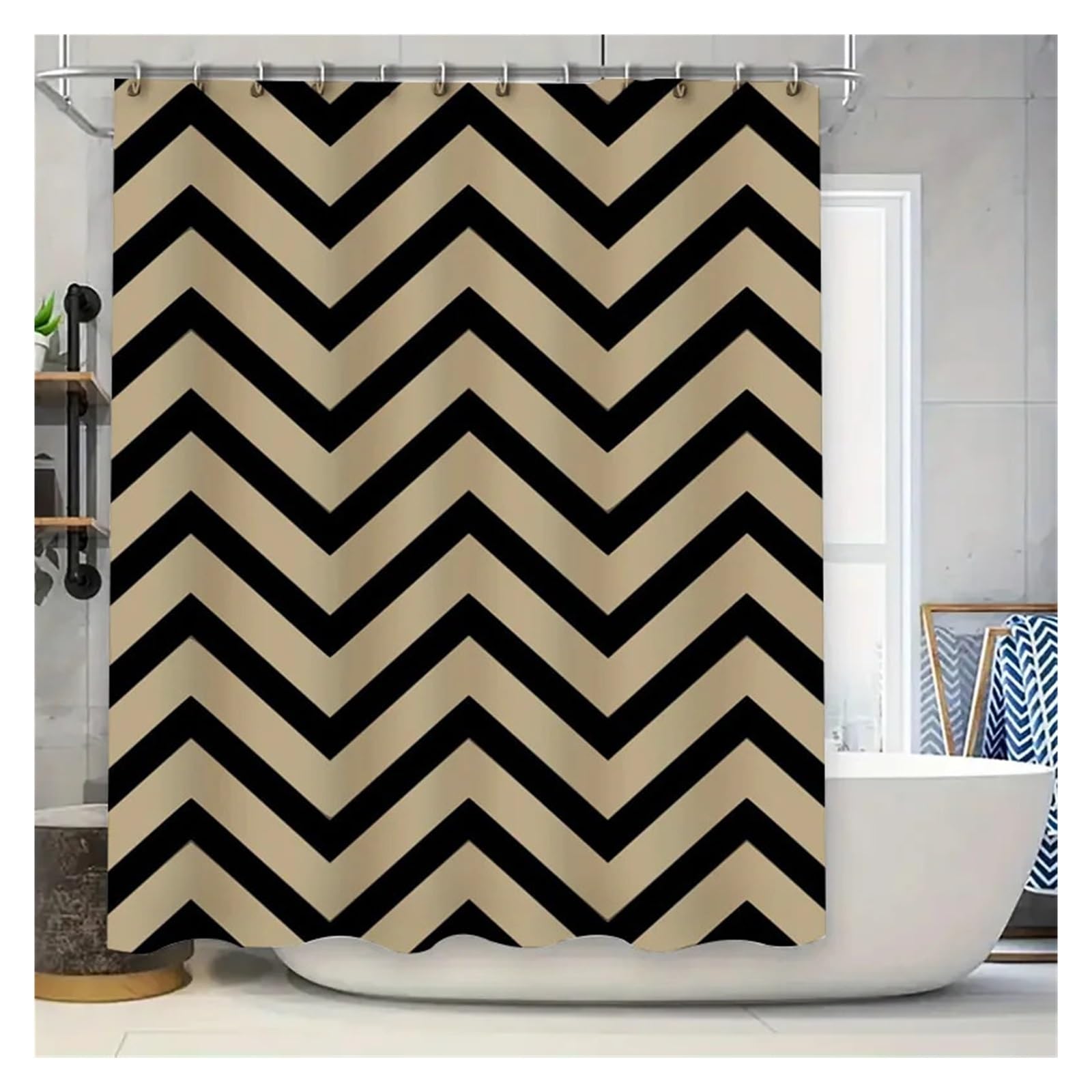 Luysgbxr Color01 Shower Curtain Modern Bathroom Accessories Set Bold Black Beige Chevron Shower Curtain With Silver Grommets For Home Decor(200X180cm)