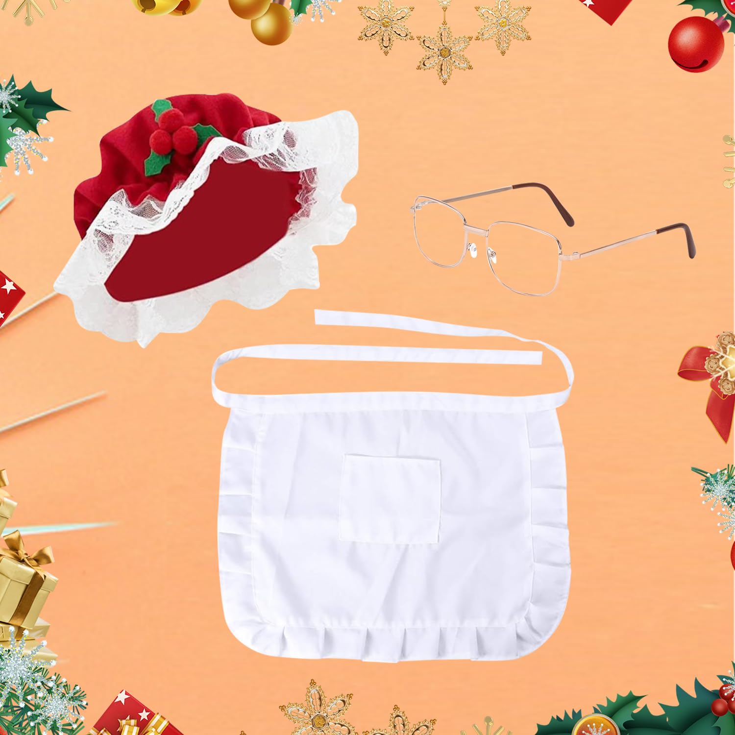 BORFUE 3pcs Christmas Mrs Claus Costume Set Old Lady Hat Grandma Glasses White Apron for Xmas Party Dress Up Accessories - Image 3