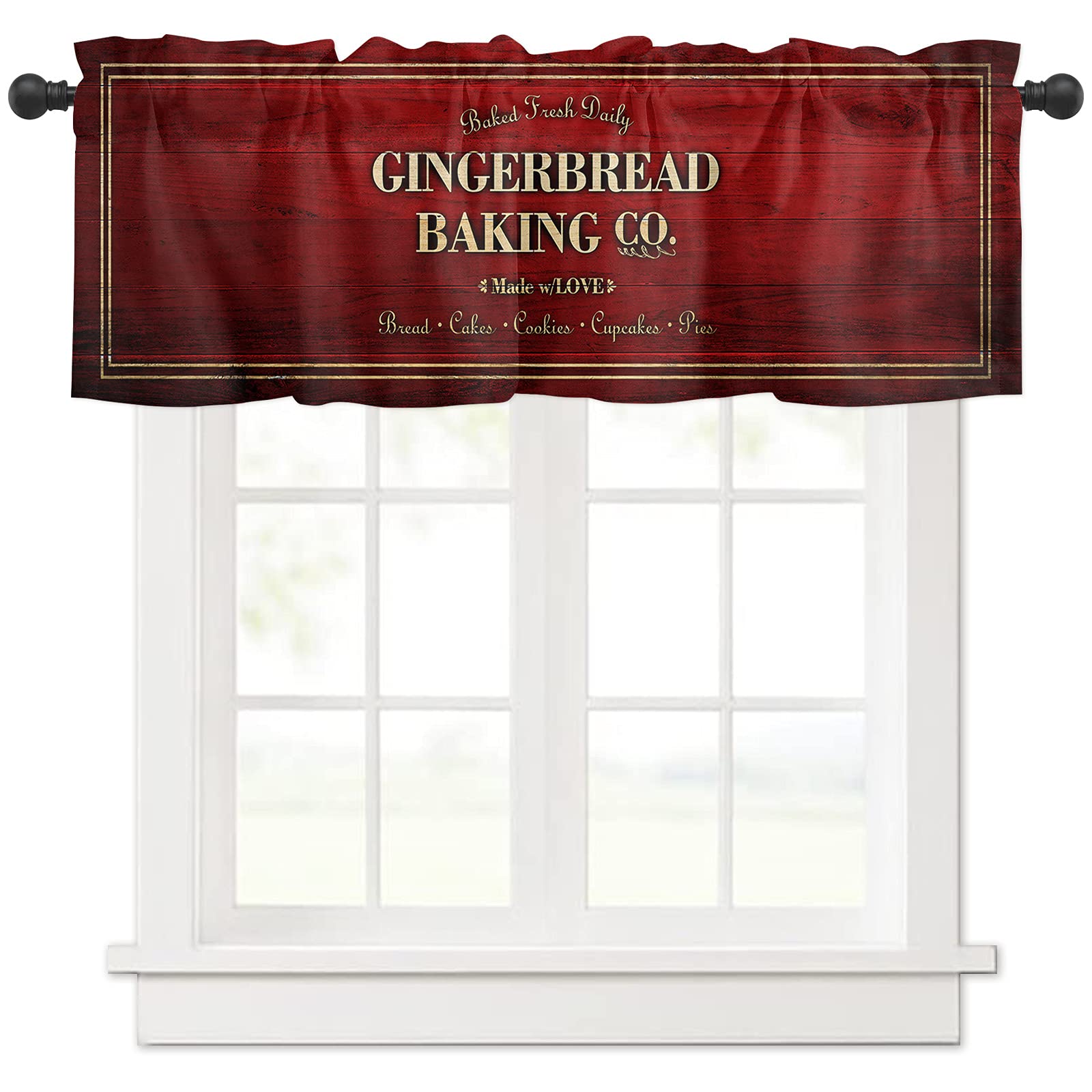 Semi Sheer Kitchen Curtains Valances for Windows Rod Pocket Short Window Curtain Valances 18 inch Length for Bathroom Living Room Bedroom Cafe, Christmas Gingerbread Baking Co. Retro Red Wood Grain