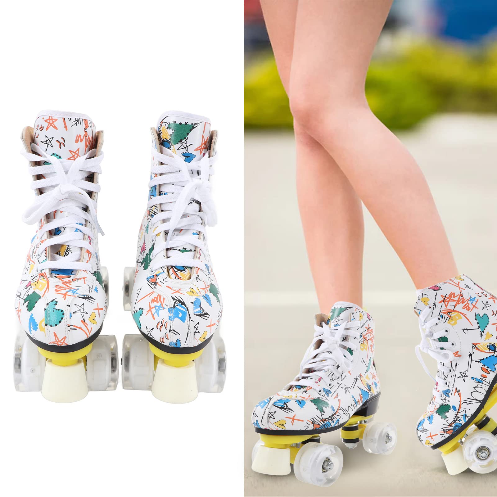 Roller Skates Classic High top Skates Size 6 Double Row 4 Wheel Roller Skates White Graffiti Roller Skates Skating Shoes for Kids Adults