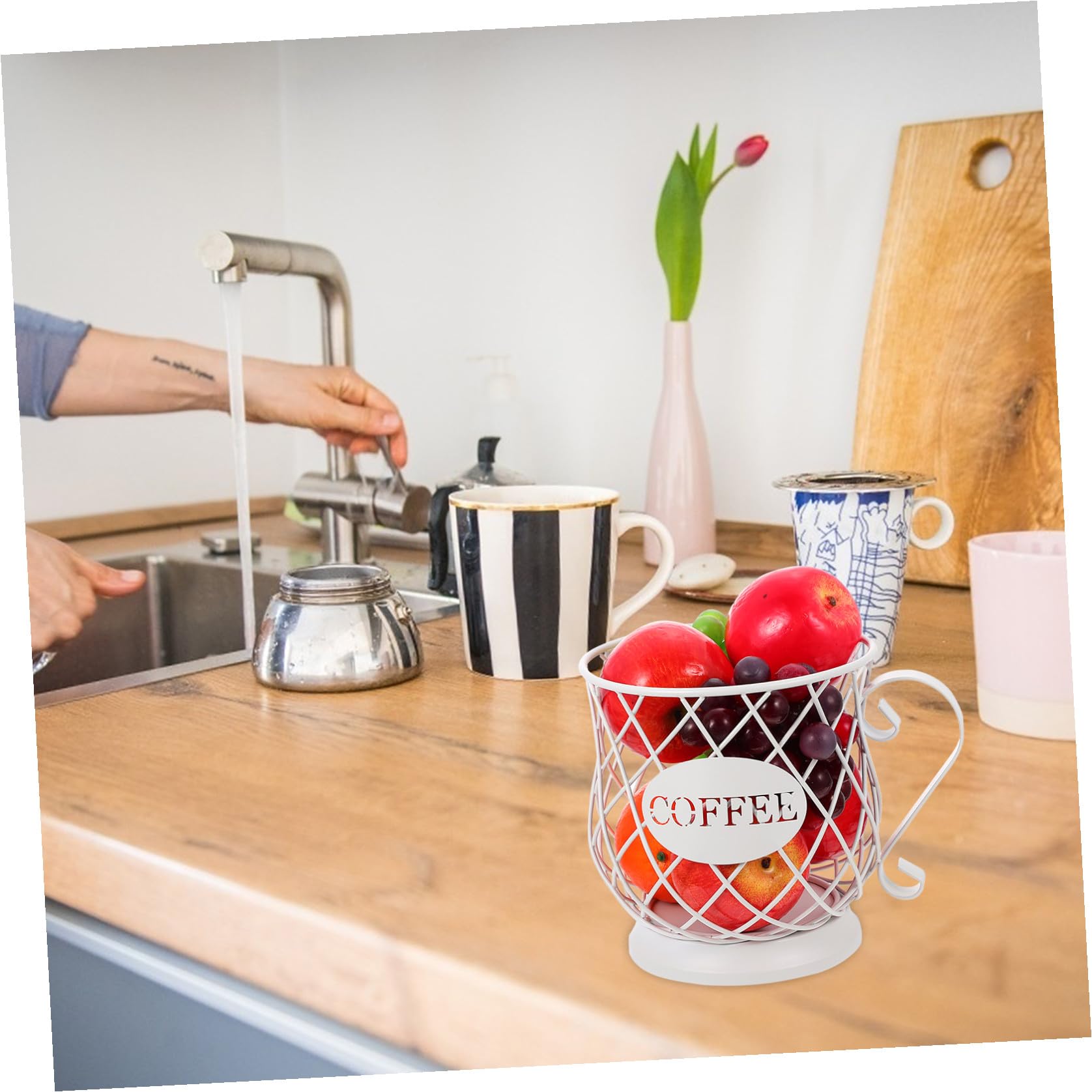 Veemoon Organizer Porta Cialde di Caffè in Metallo Bianco Cestino Porta Capsule, Tazza per Cialde da Caffè Grande Capacità, Contenitore Salvaspazio per Cucina e Bancone Ordinato