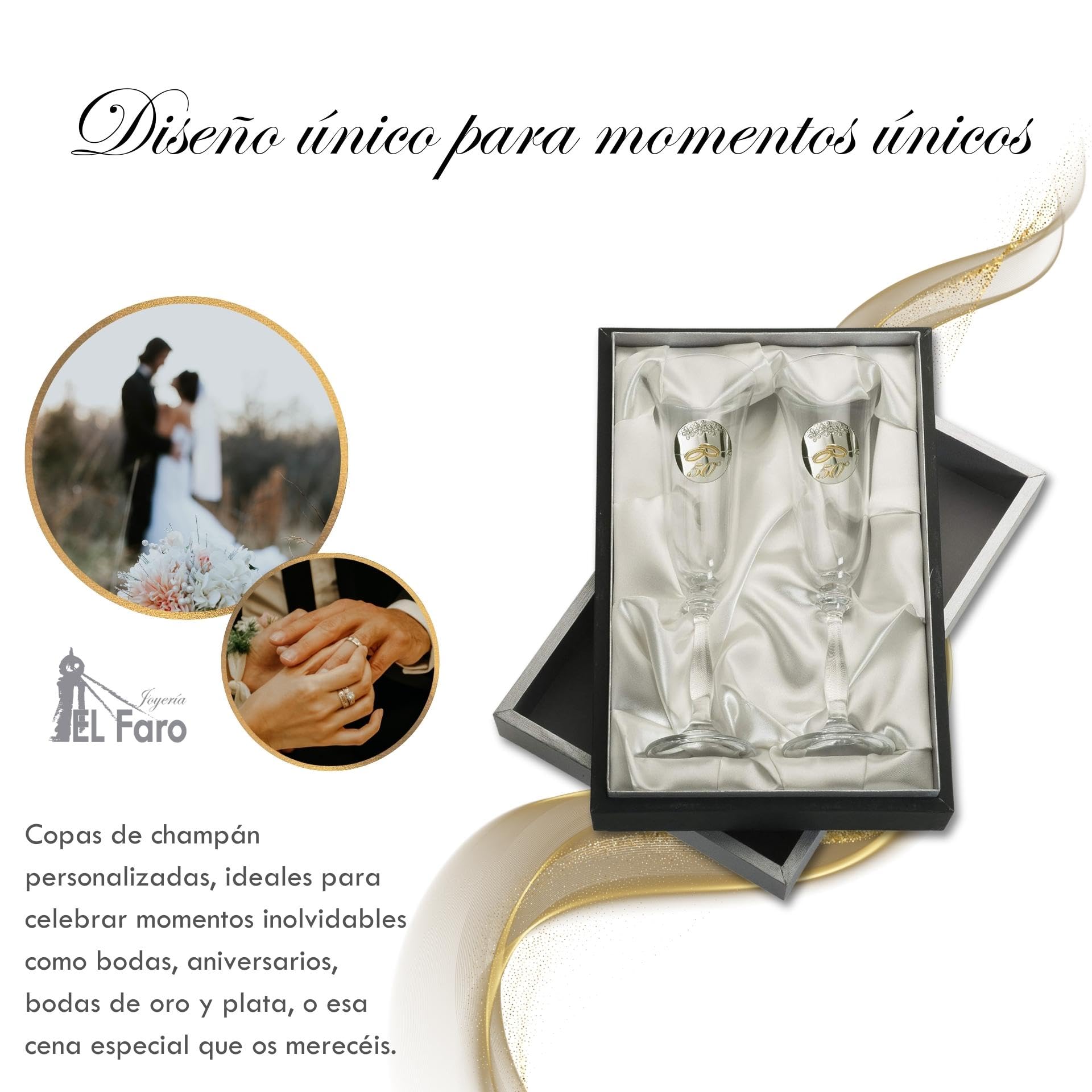 JOYERIA EL FARO Copas 50 Aniversario Bodas de Oro Personalizadas | Cristal de Bohemia de alta resistencia, Estuche premium incluido, Celebra 50 años de amor juntos