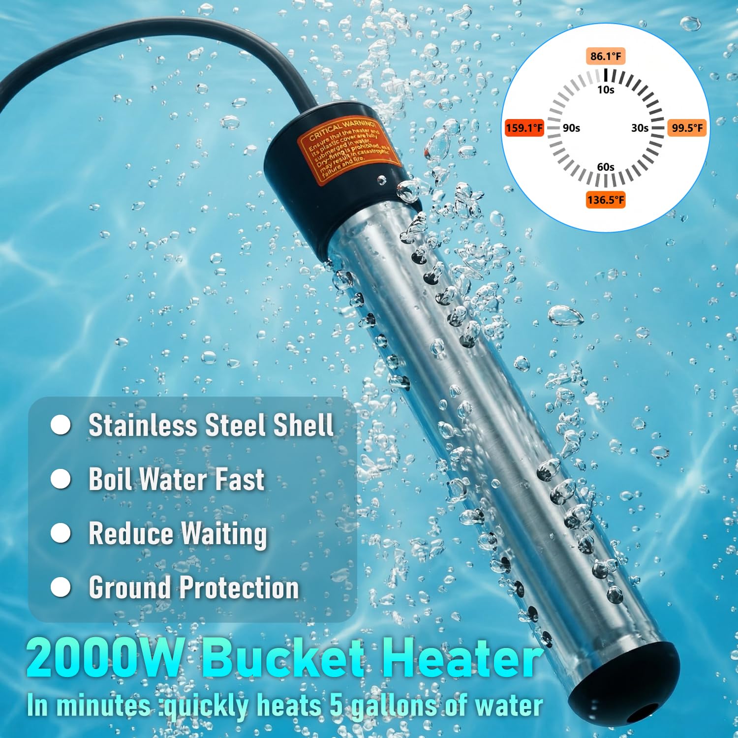 Condition photo showing New/Like New for immersion water heater electric 2000w, portable submersible water heater with 304 s s guard & lcd thermometer, fast heating heats 5 gallons in minutes for bucket, bathtub, small pool, camping & rv