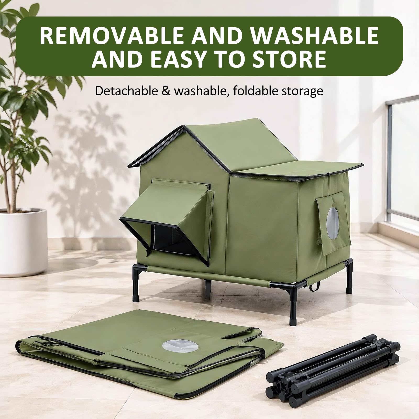Casetta per gatti per esterni, resistente all'inverno, antipioggia, antivento e termoisolante, con morbida imbottitura e base, facile da pulire e riporre, ideale come cuccia invernale per gatti, verde