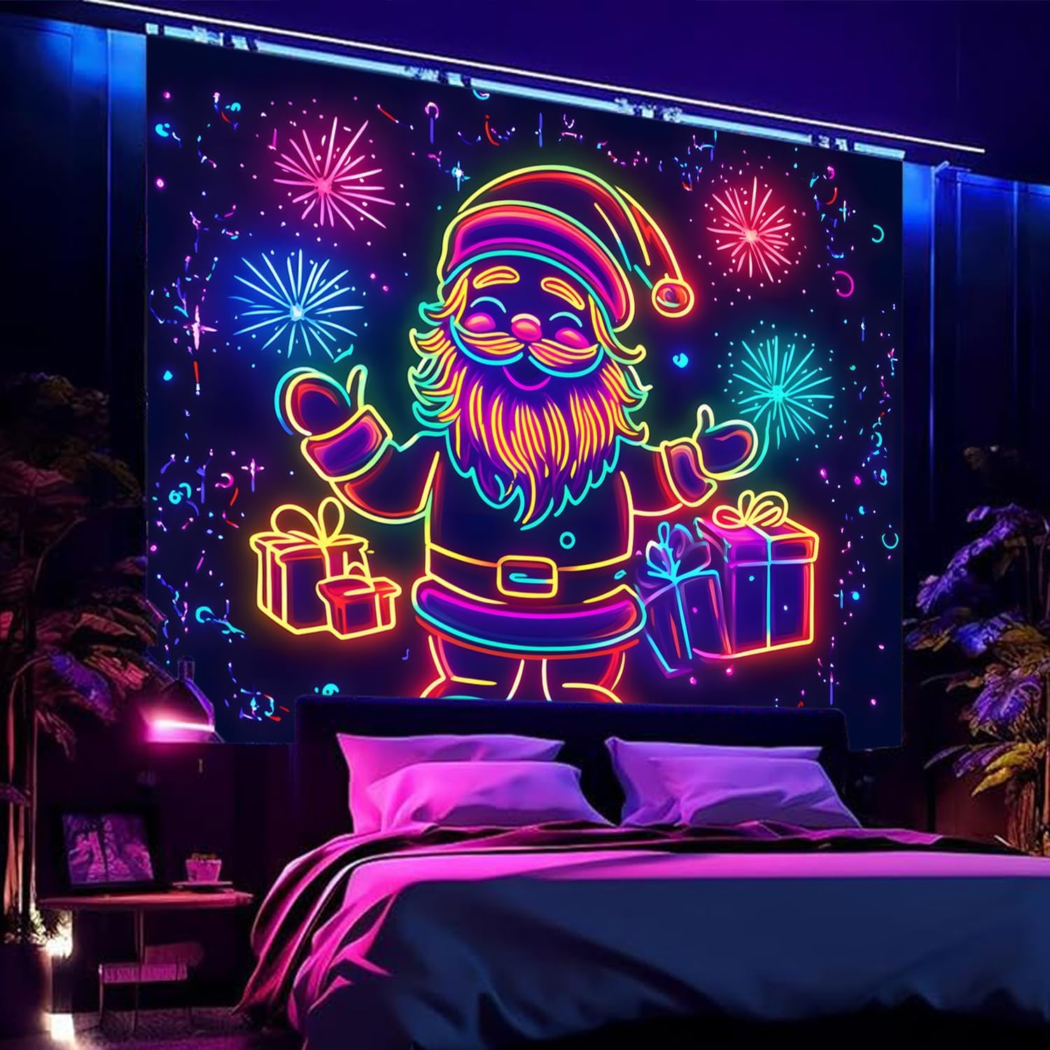 Black Light Tapestry-Merry ChristmasUV Reactive Glow in the Dark WallHanging, Santa Claus Christmas TreeSnowman Elk Home Decoration forParty Bedroom or Dormitory (Santa claus &Elk, 79"x59", Unframed)