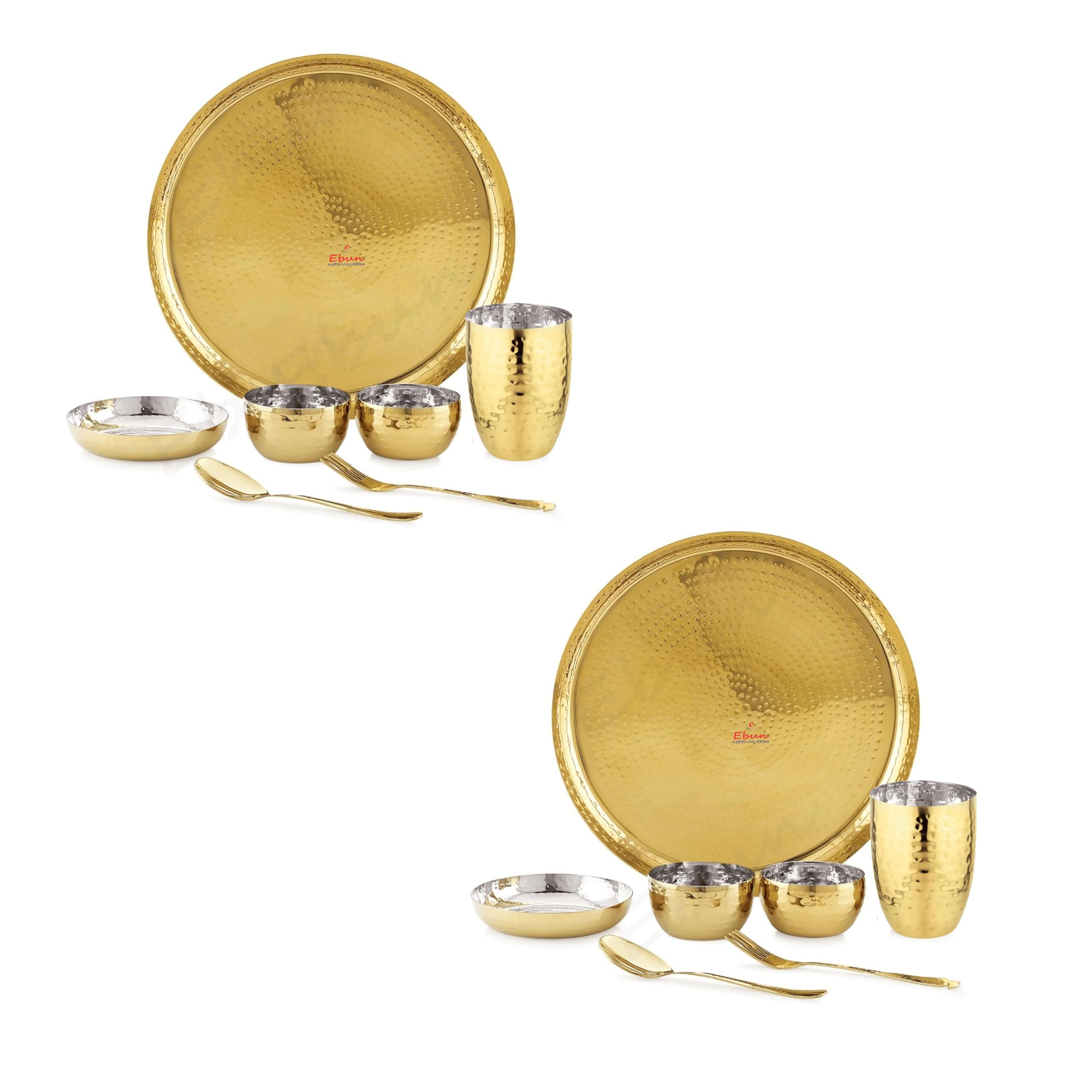 Ebun Heavy Gauge Stainless Steel Dinner Set | Gold PVD Plated Steel Thali Set | Stainless Steel Dinner Set for Kitchen | Thali Set for Dinner | Pack of 2 | 14 Pieces | Gold PVD Plated