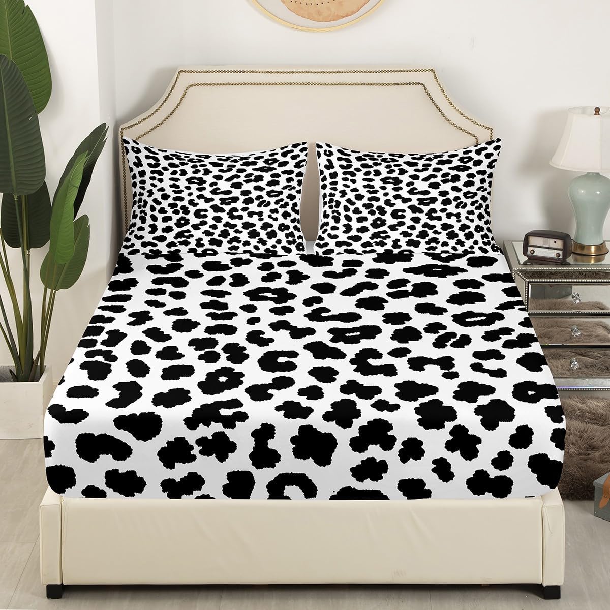 Feelyou Leopard Print Sheet Set King Size Kids Cheetah Print Sheets with Deep Pocket Fitted Sheet for Boys Girls Safari Black White Bed Sheets Set Bedding Set Bed Set,4Pcs （No Real Fur）