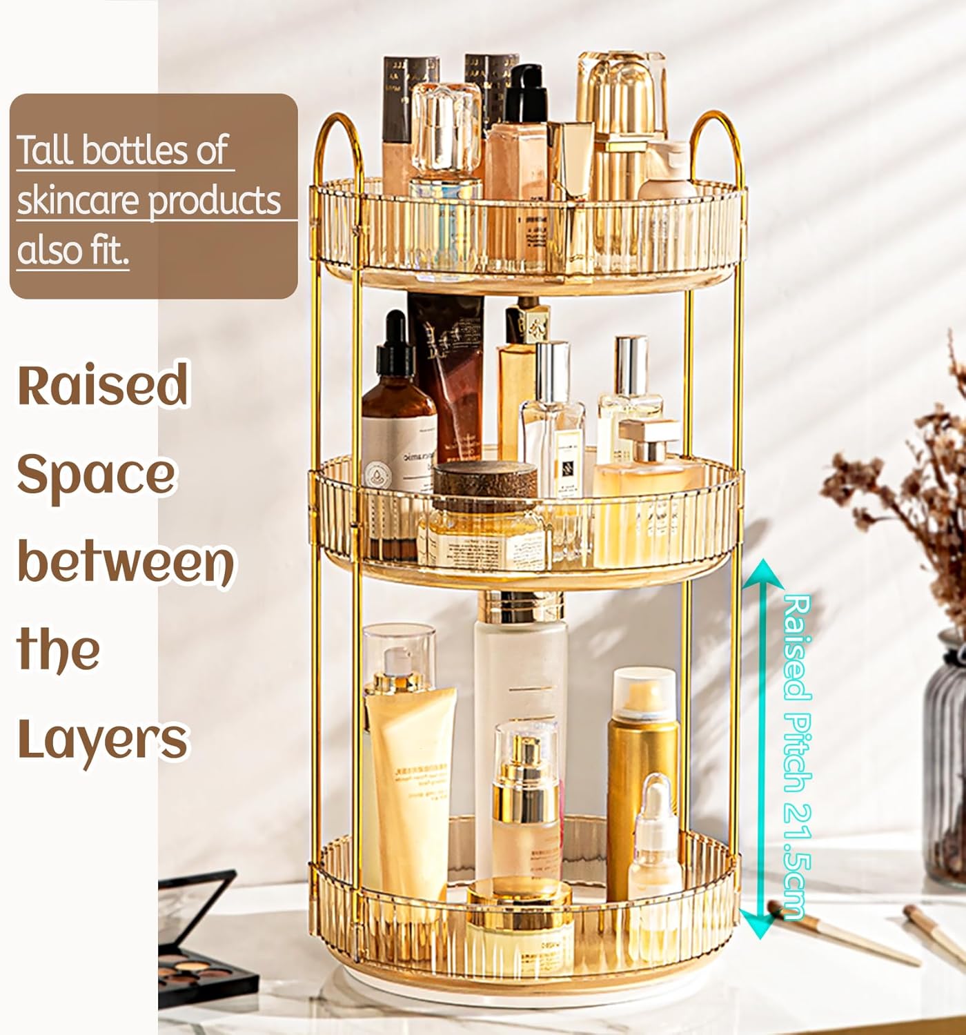 Skincare Organizers 360 Rotating, 3 Tier Round Makeup Organizer Countertop,Holder Rack Large Spinning Cosmetics Display Cases, Perfume Beauty Storage for Vanity, Countertop, Bathroom (Gold-3 Tier)