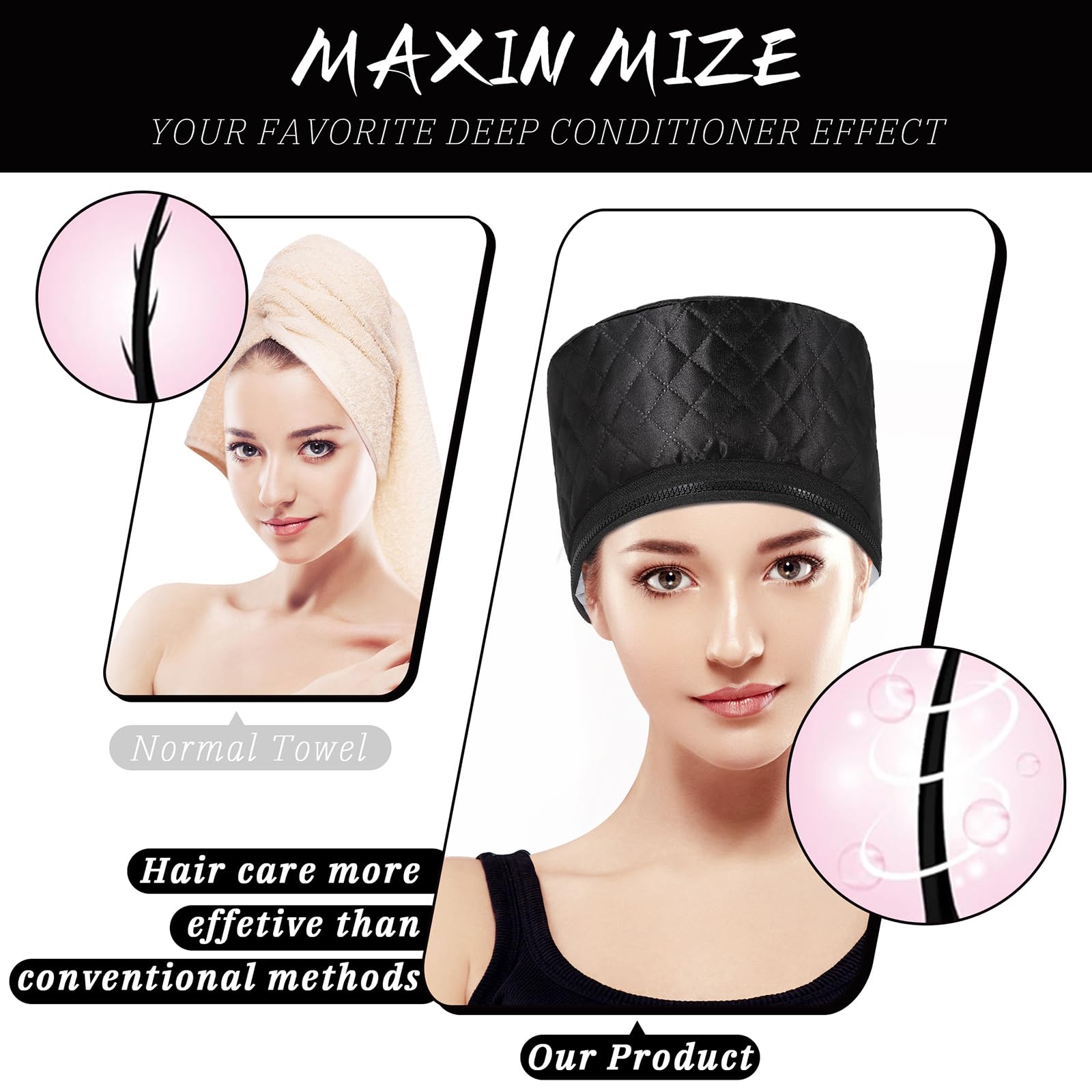 Cappello termico per trattamenti di profondità, cuffia a vapore per maschere per capelli, cuffia riscaldante con 2 modalità di temperatura per spa, salone, casa - Nero