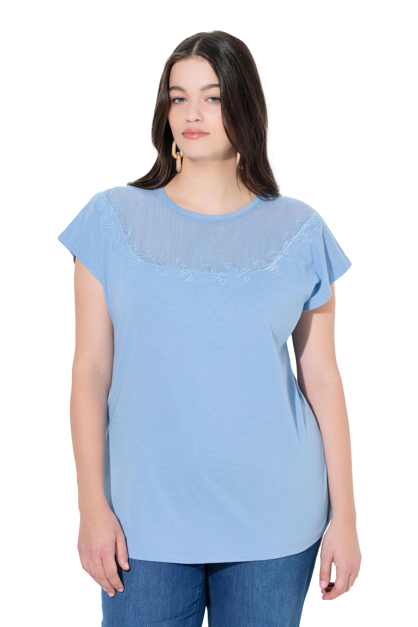 Ulla Popken Damen große Größen Übergrößen Plus Size T-Shirt, Häkeleinsatz, Rundhals, Halbarm, Biobaumwolle 847528