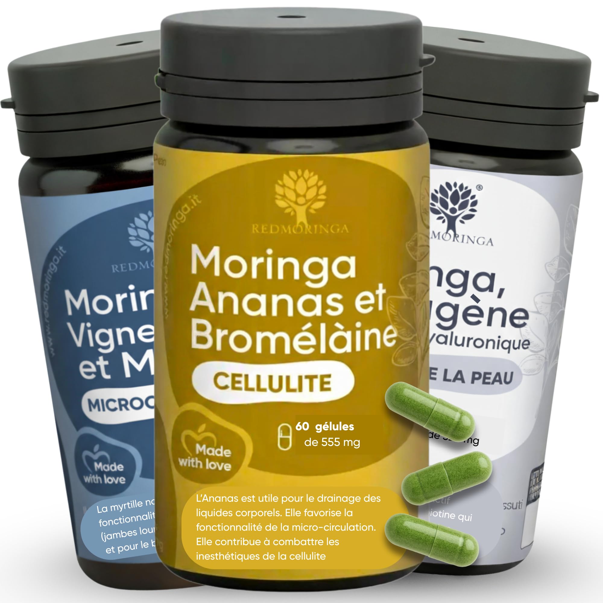 Traitement Drainant Anti-Cellulite et Rétention d'Eau - Ensemble Complément Alimentaire Ananas Moringa, Bromélaïne, Myrtille Noire et Moringa - Produit en Italie (Traitement Jambes Parfaites)