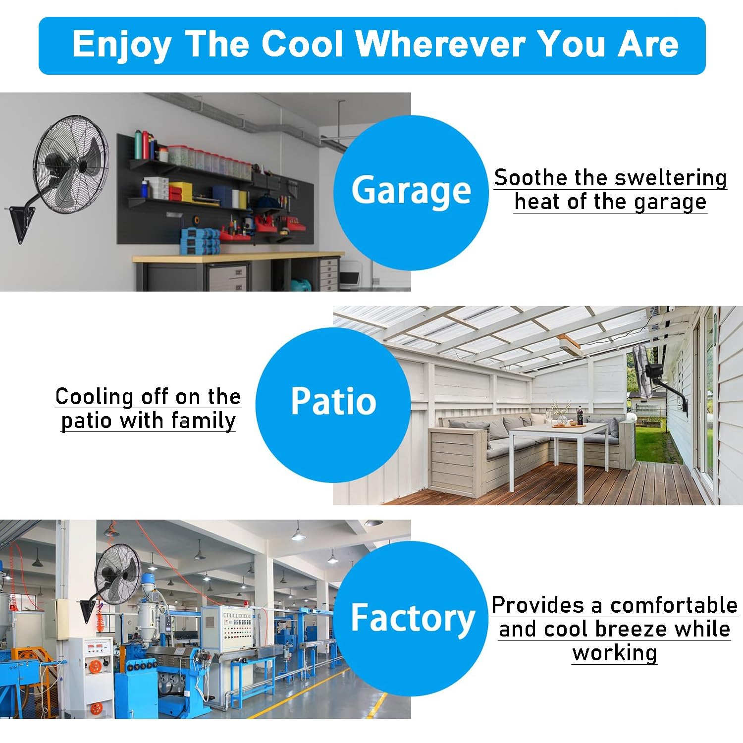 Ventilador de piso, ventilador de pared oscilante industrial de alta resistencia, altura e inclinación ajustables con 3 velocidades, ideal para refrigeración en interiores y exteriores.