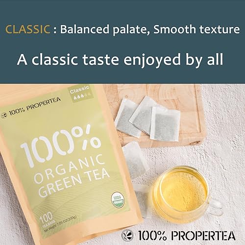 Miniatura 2 de 100% Propertea Bolsas de té verde orgánico, 100 bolsas de té ecológicas, sabor clásico, cafeinado, rico en antioxidantes, bolsa resellable