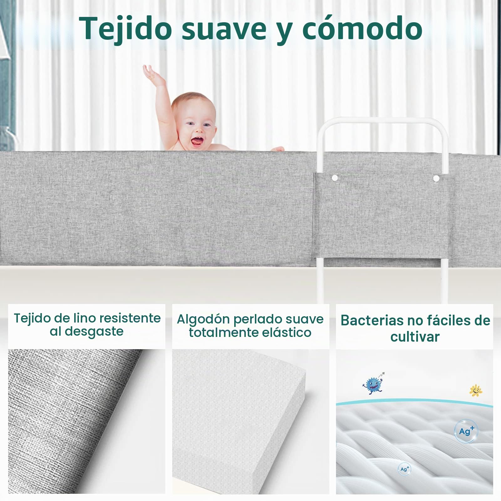 UISEBRT Barrera de Seguridad 200 cm, Barrera de Cama para bebé, protección contra caídas, Altura Ajustable, Barandilla Protectora de Cama deformables para niños y bebés, Gris