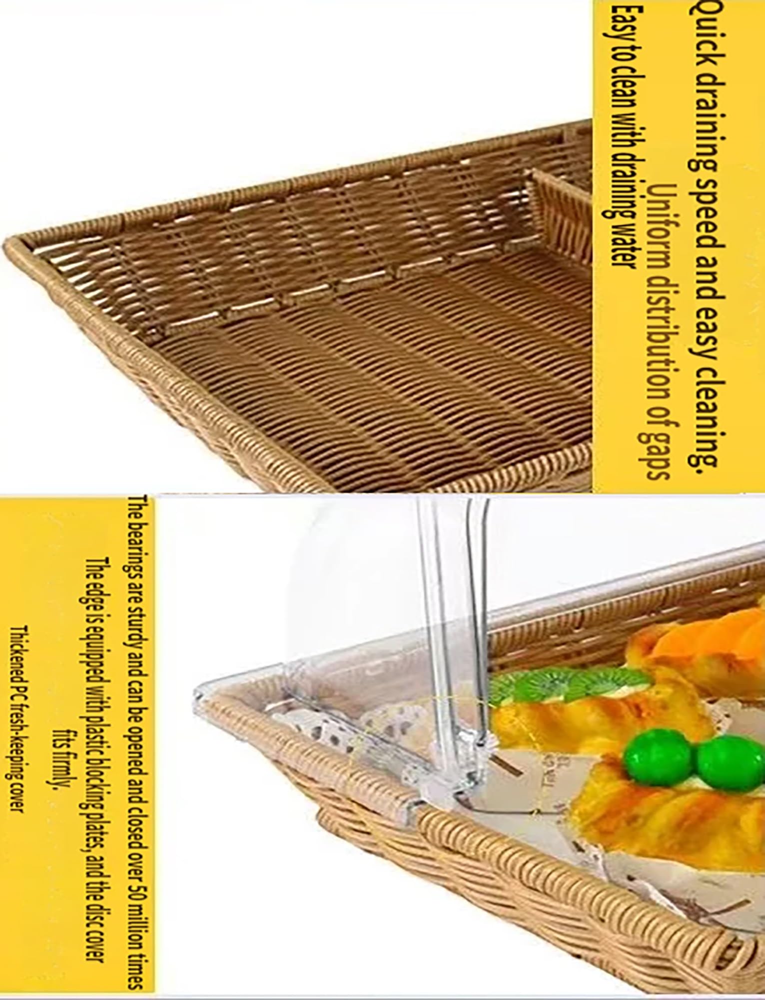 Expositor de repostería con cubiertas higiénicas, diseño de 3 niveles y cestas de ratán sintético para cafeterías, bufés y servicios de desayuno