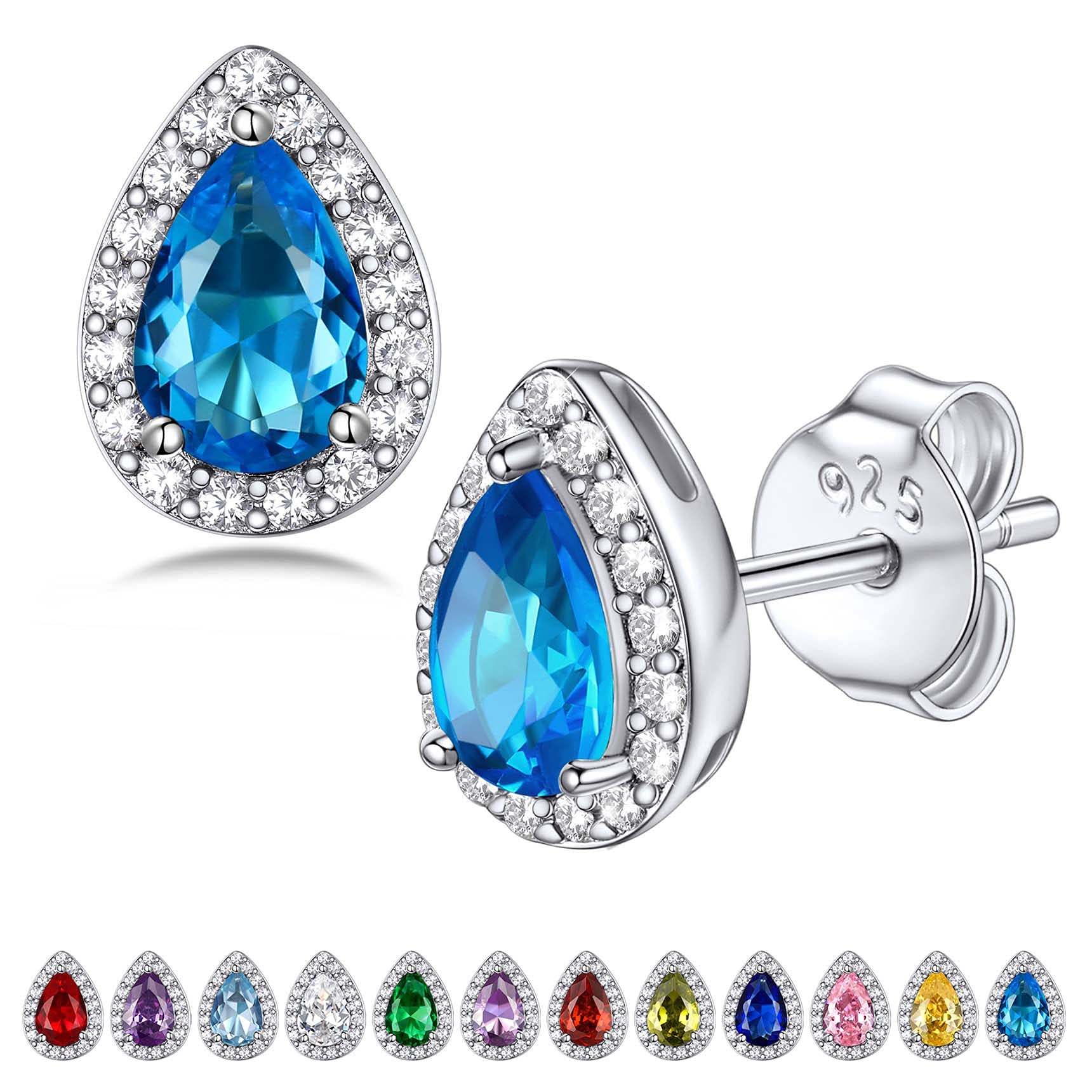 Bestyle Sparkling 925 Sterling Silver Birthstone Stud Earrings for Women, Heart/Round/Teardrop/Square Solitaire Diamond Studs Earrings, Great Birthday/Christmas Gifts