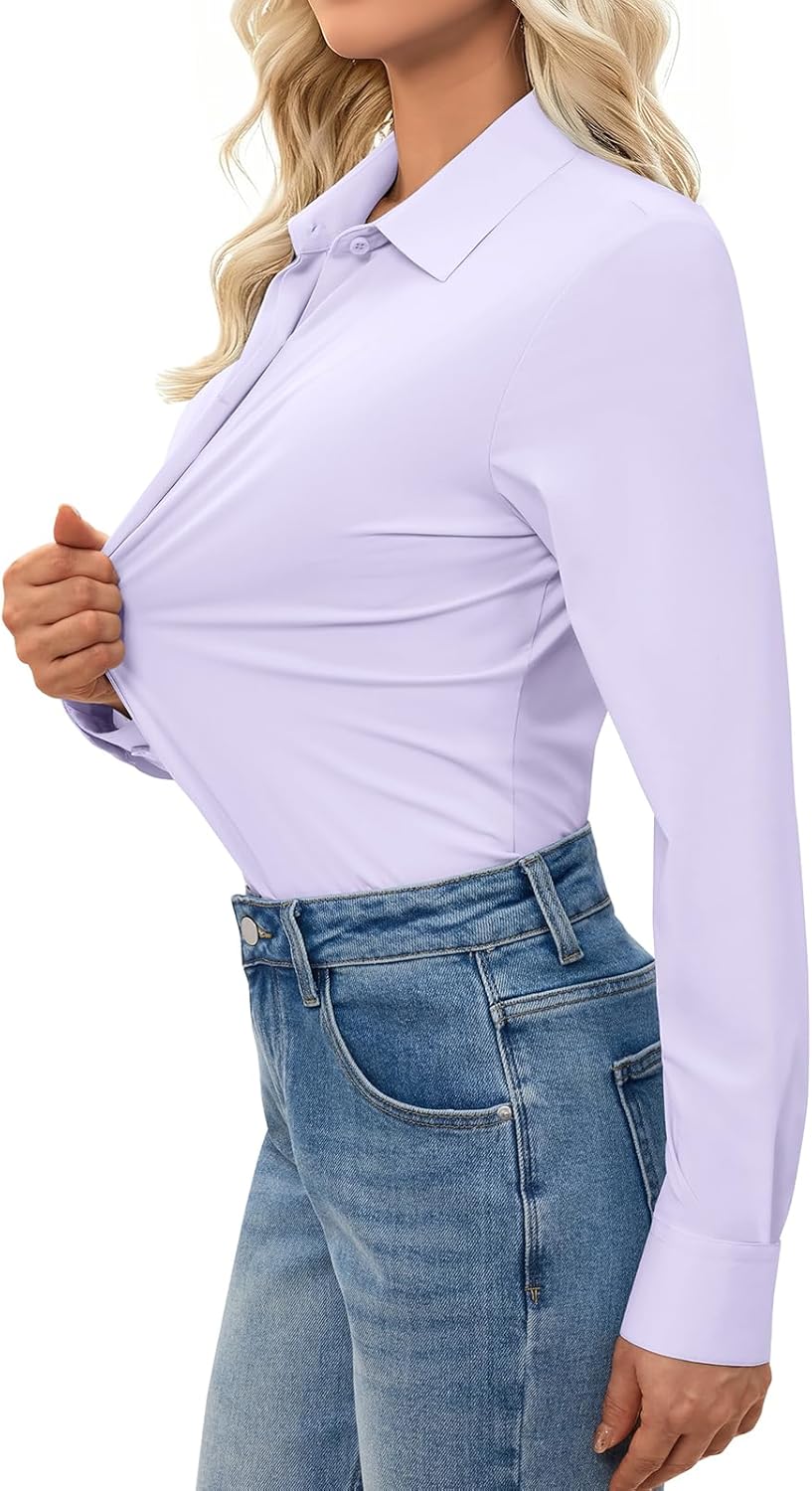 Button Down Shirts for Women Slim Fit Long Sleeve Stretch Dress Shirts Work Shirt Wrinkle Free Office Blouse Top - Image 2
