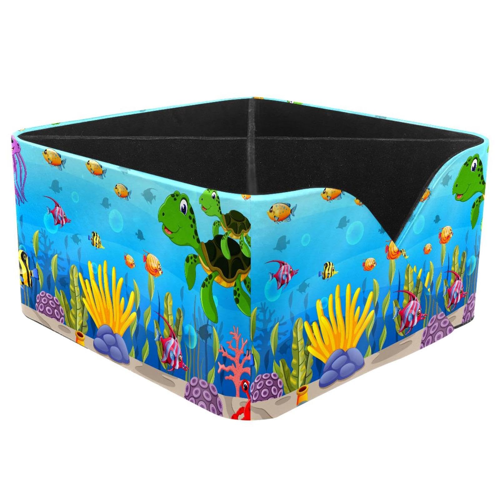KengjuTesu Cartoon Turtle Underwater Fish Jellyfish Crabs Coral Desktop Organizer Pen Holder, Rectangular Pencil Cup for Office, Study and Makeup Stations