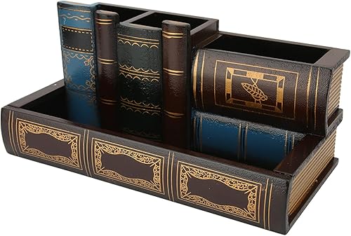 Portalápices retro con forma de libro falso vintage, organizador de escritorio con cajón, taza de lápices de madera para oficina en casa, biblioteca