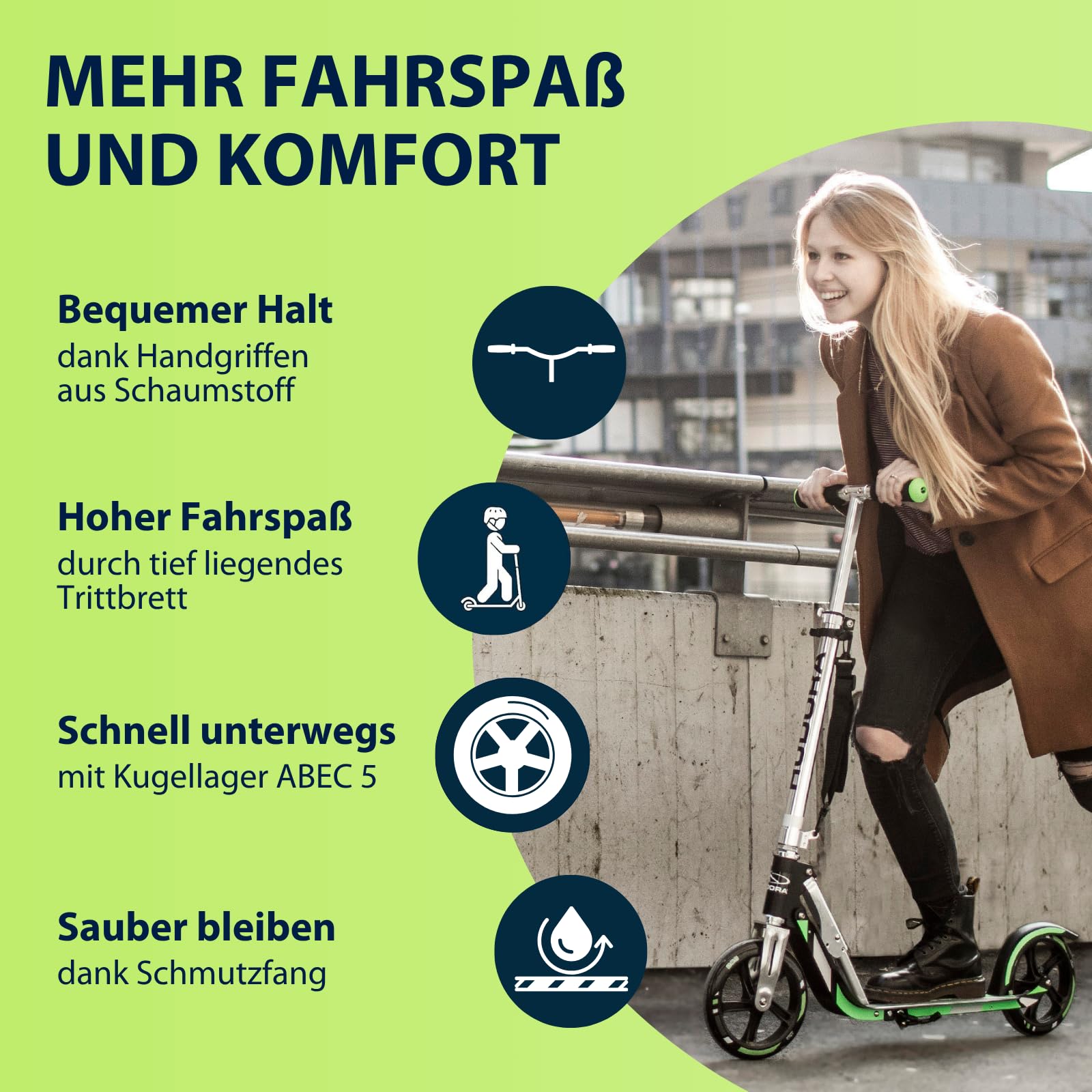 HUDORA BigWheel 205 Scooter - Stabiler Aluminium-Roller - Höhenjustierbarer & zusammenklappbarer Cityroller mit Ständer - Sportlicher Kinder- & Erwachsenenroller für bis zu 100kg