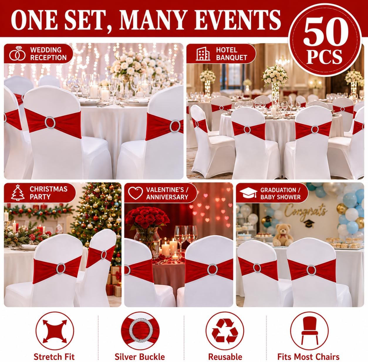50 Pcs Red Chair Sashes, Red Sashes for Chairs, Stretch Spandex Ribbon Bands, Wedding Decorations for Covers, Banquet, Party and Reception