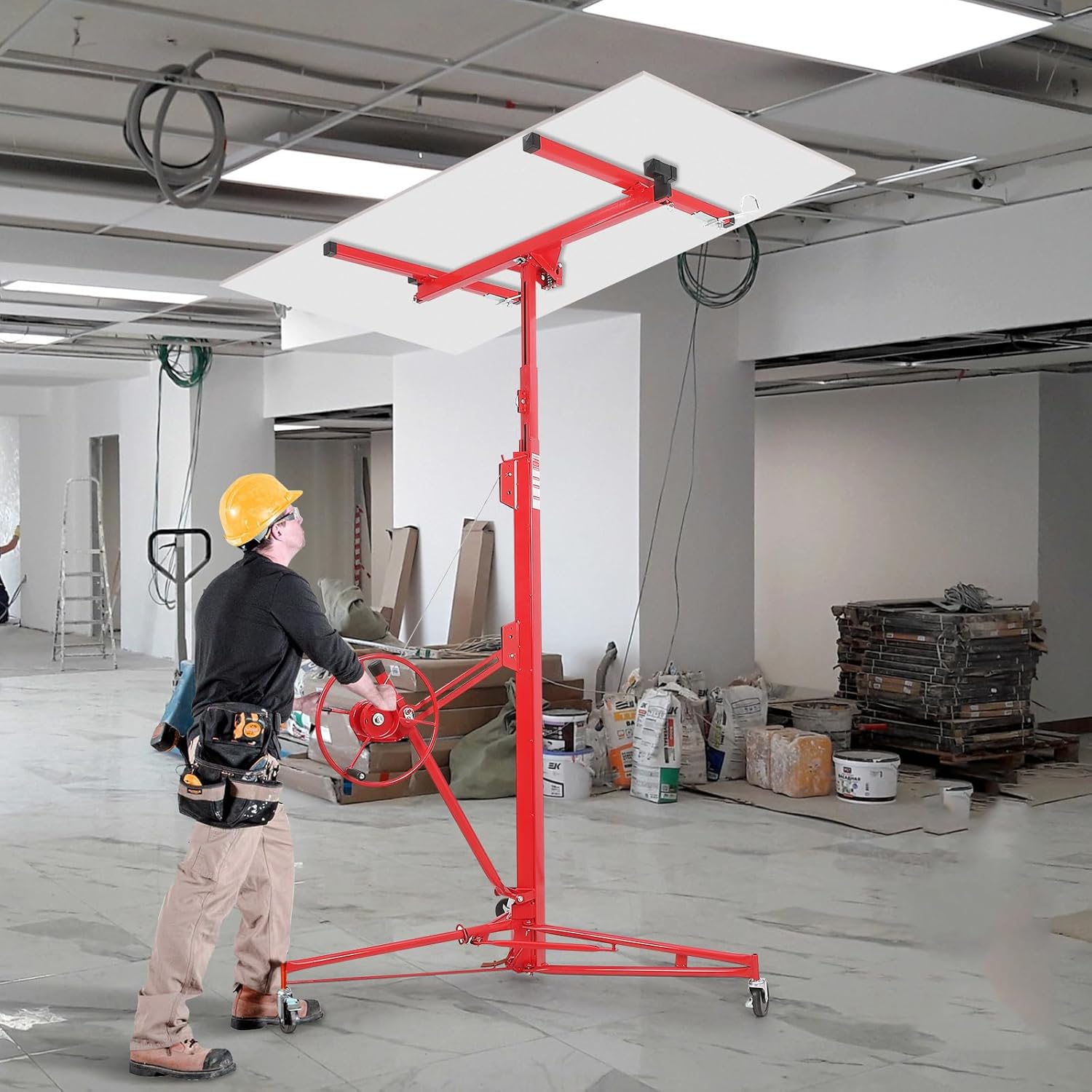 XXL Plattenheber, Trockenbau Montagehilfe bis 68 kg mit 360°Räder, Höhe 140-335cm, 1-Mann-Bedienung Rigips Werkzeug für Innenausbau, Hebevorrichtung für Paneele, Türen