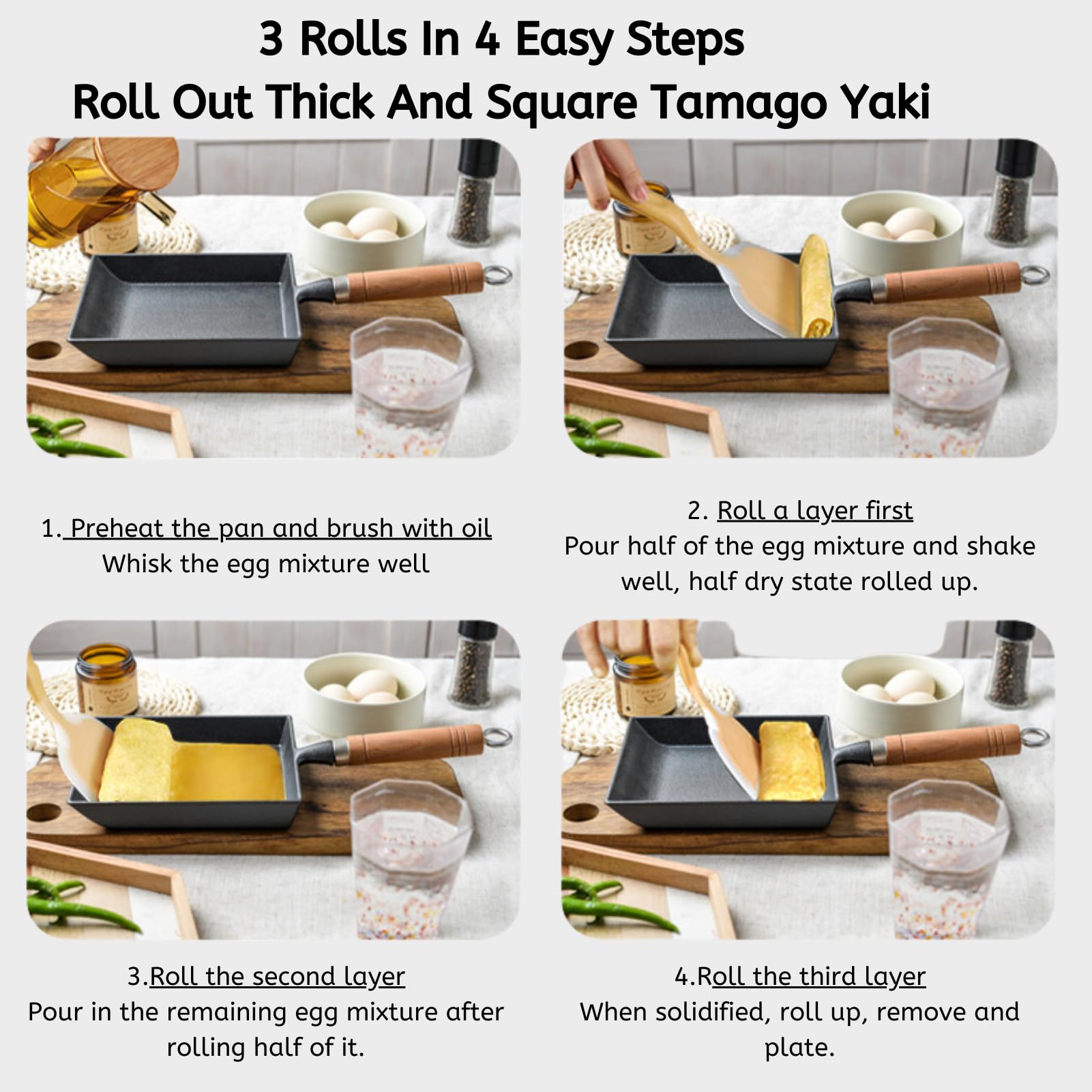 Tamagoyaki-Pfannen-Set aus Gusseisen, japanische Omelettpfanne mit Holzdeckel, Silikon-Spatel und Ölbürste, 35 x 15 cm, Eierpfanne für Gas/Induktion/alle Herdarten