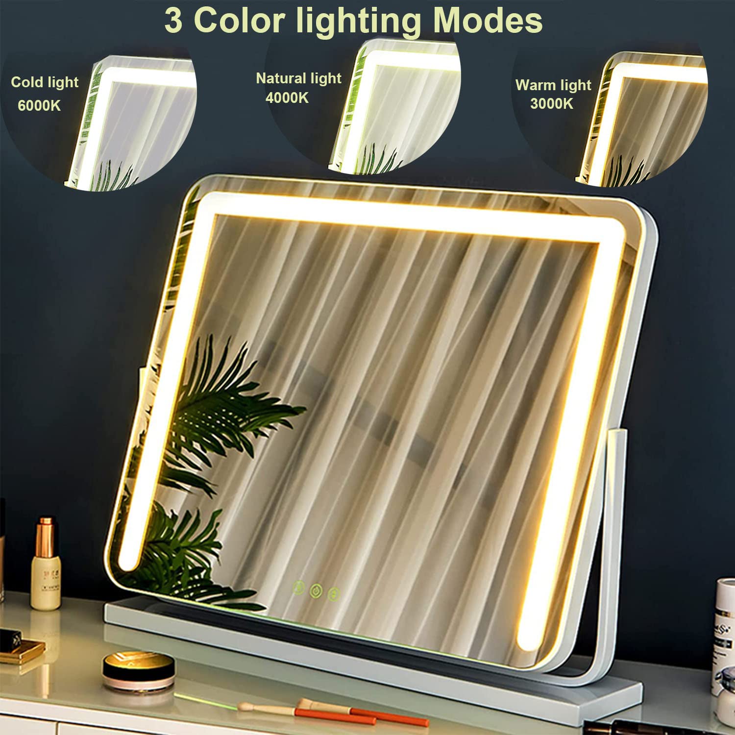 Vanity Mirror with Light, Vanity Makeup Mirror with Dimmiable 3 Lighting Modes LED Strip, Wall-Mounted and Tabletop Mirror, Dressing Room, Powder Room  Bedroom Lighting, 19.7 L x 16.5 H