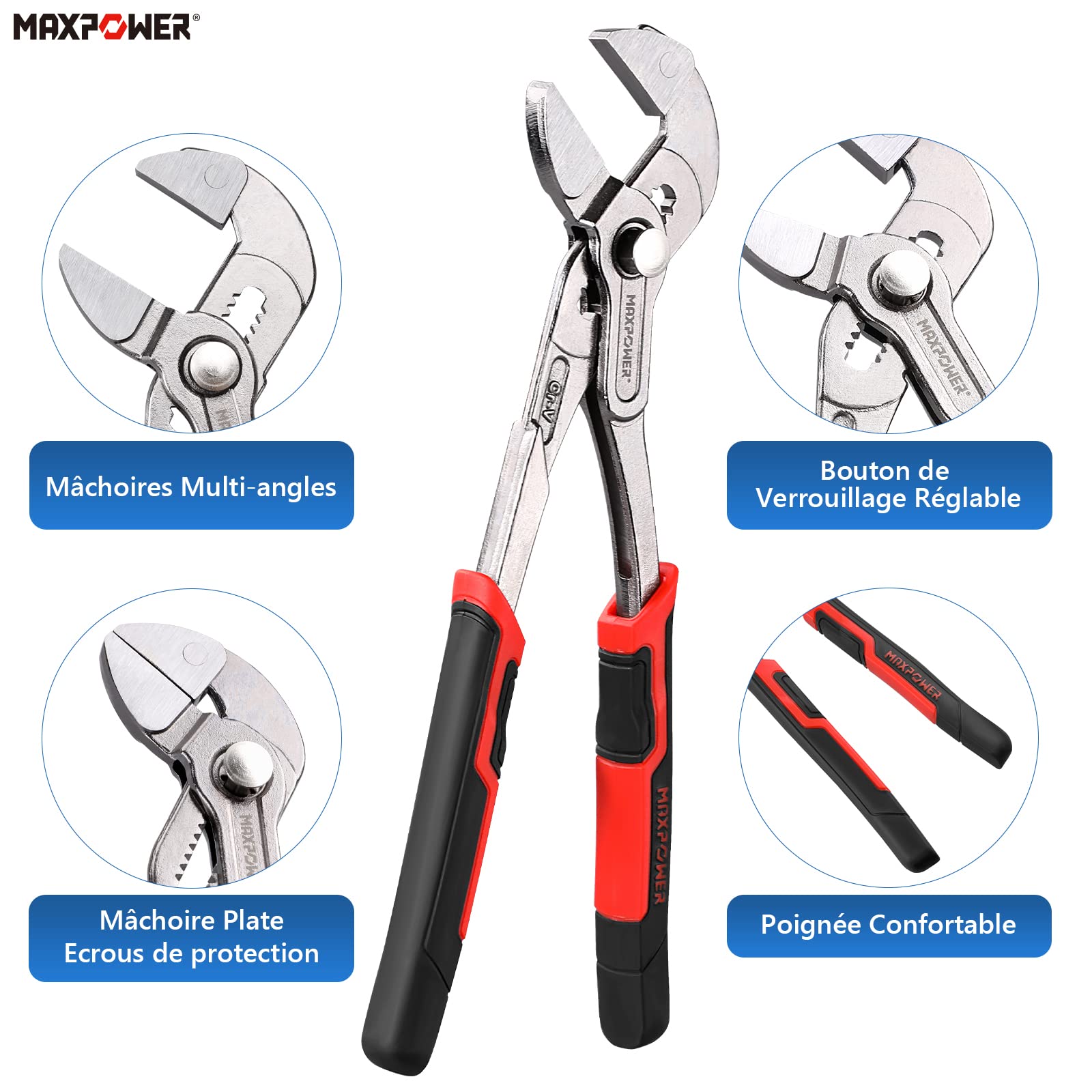 MAXPOWER 250 mm, pince multiprise 2 en 1, clé multiple, largeur de mâchoire max 80 mm, réglage fin par simple pression d'un bouton, acier CR-V, Pince-clé