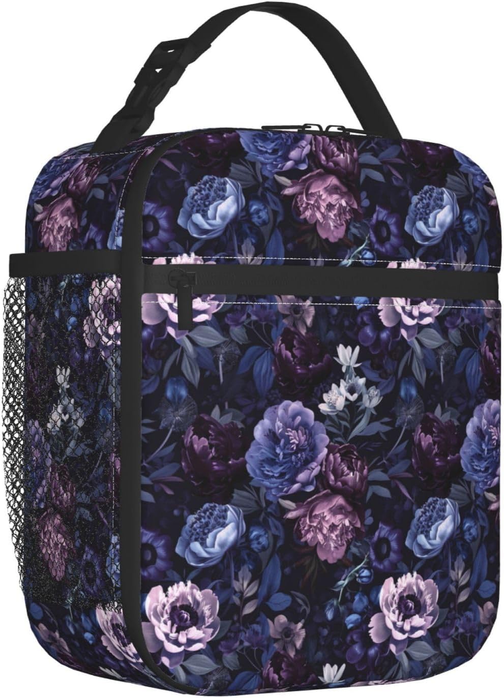 Reusable Floral Lunch Box for Kids Girls Boys Women Adult, Insulated Cute Flower Lunch Bag,Polyester Cooler Handbags Case for School Picnic Work Travel Beach or Hiking (Purple and Blue)