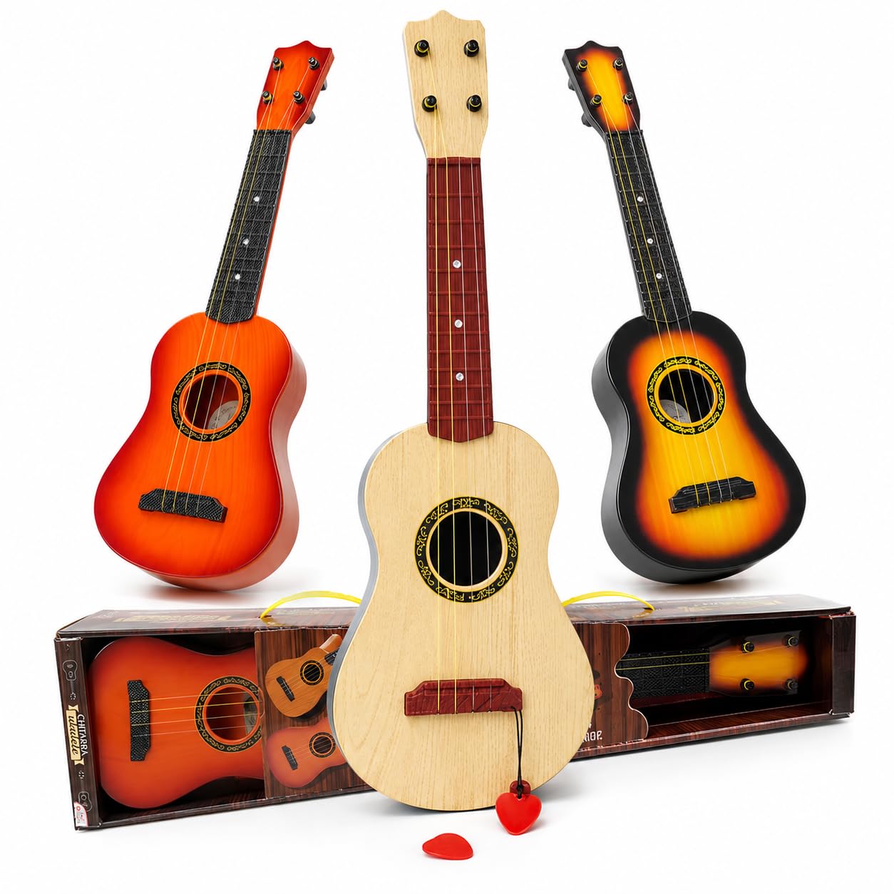 Guitarra para niños con 4 cuerdas y púa ukelele juguete instrumento musical para niños guitarra clásica de plástico cm 58 ukelele 4 cuerdas instrumentos musicales juguete educativo (a)