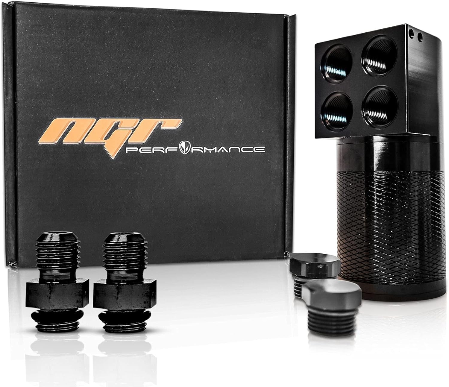 NGR Oil Catch Can (6061T-6 Sealed and Vented Cylindrical Design) - 8AN-10AN Compatible Breather Tanks - 40 Micron Baffled Oil Catch Can (4 Port Oil Reservoir Tank), Black, 5394BK