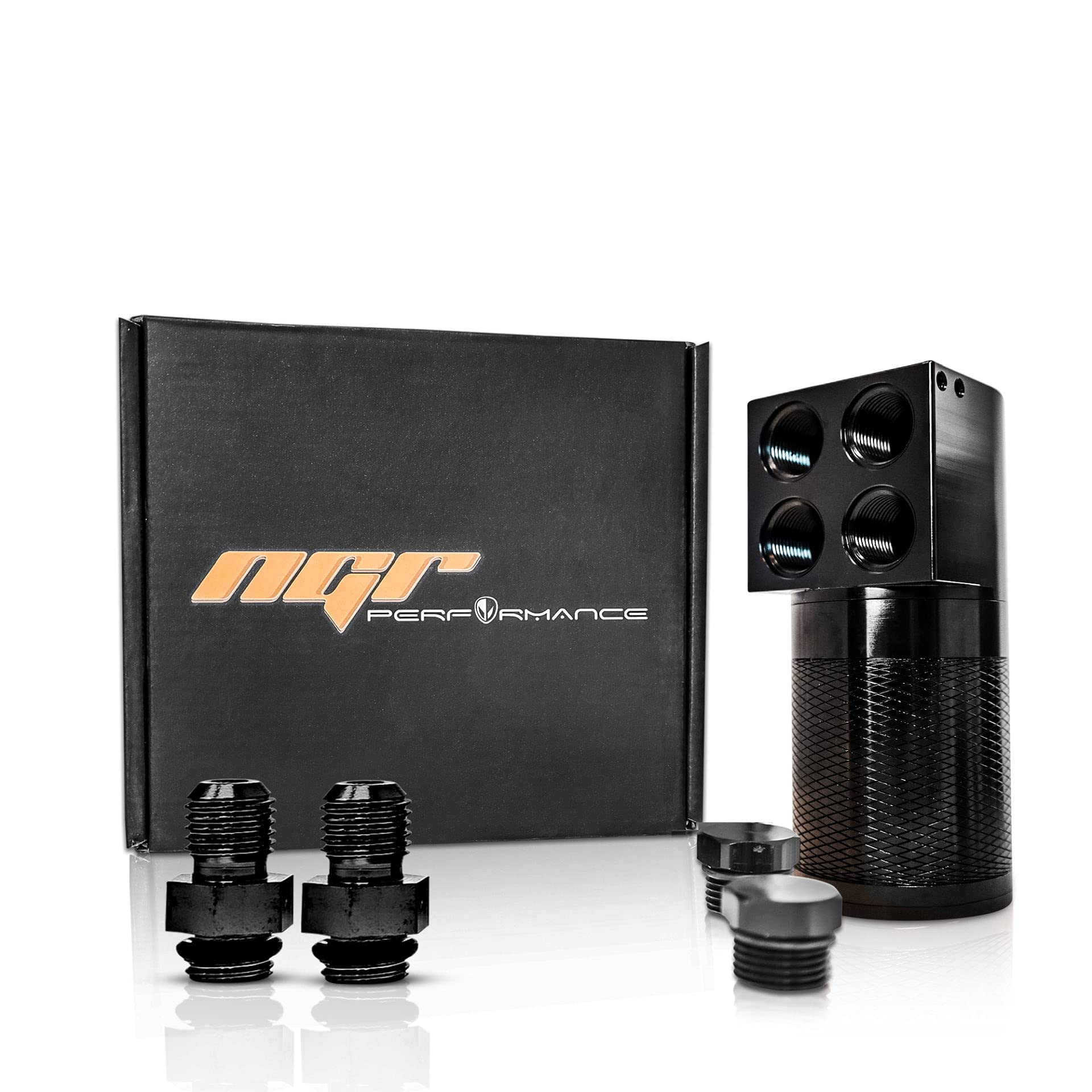 NGR Oil Catch Can (6061T-6 Sealed and Vented Cylindrical Design) - 8AN-10AN Compatible Breather Tanks - 40 Micron Baffled Oil Catch Can (4 Port Oil Reservoir Tank), Black, 5394BK