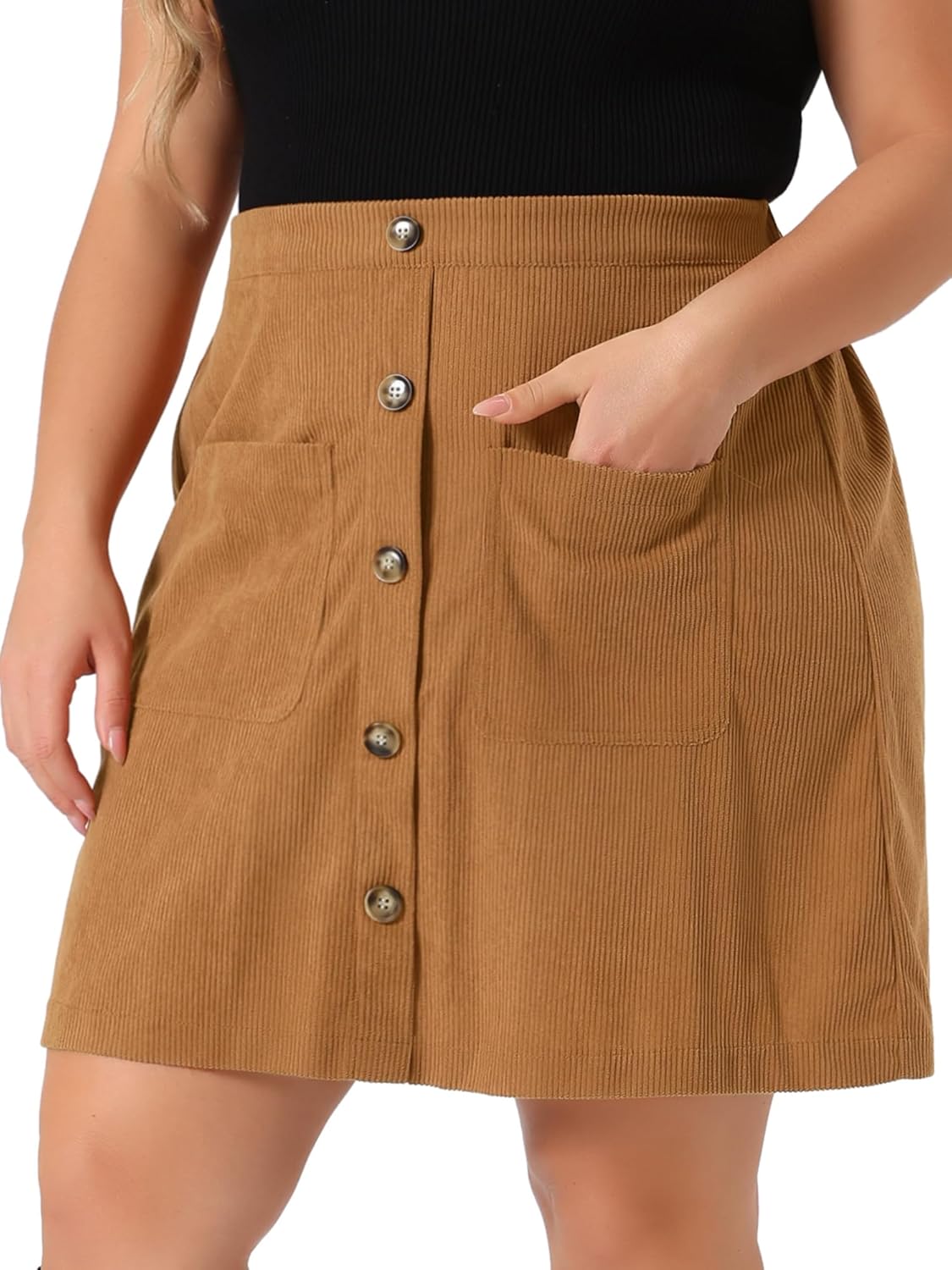 Agnes Orinda Plus Size Corduroy Skirts for Women Fall Winter Elastic Waist Button Down Short Mini Skirt with Pockets - Image 2