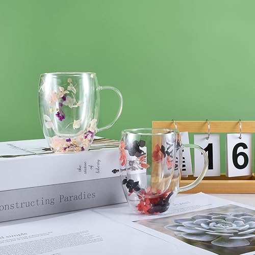 Miniatura 6 de Koythin Taza de café de vidrio de doble pared con asa, taza de café con capa aislada, tazas transparentes Demitasse con flor, perfecta para té