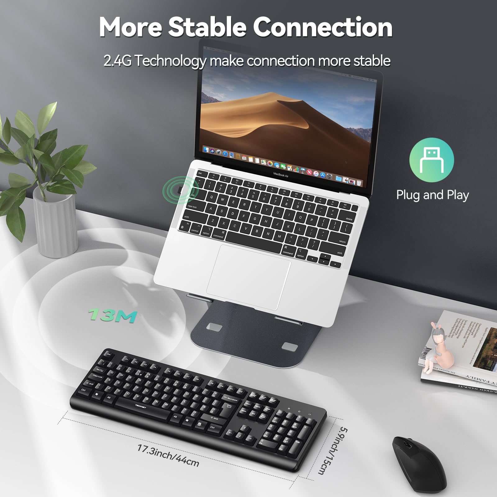 TECKNET Wireless Keyboard for Laptop, 2.4G USB Silent Computer Keyboard with Ergonomic Keys & Adjustable Feet Stand for Desktop, PC, Notebook, and Windows, QWERTY UK Full Size Layout- Black — view 2
