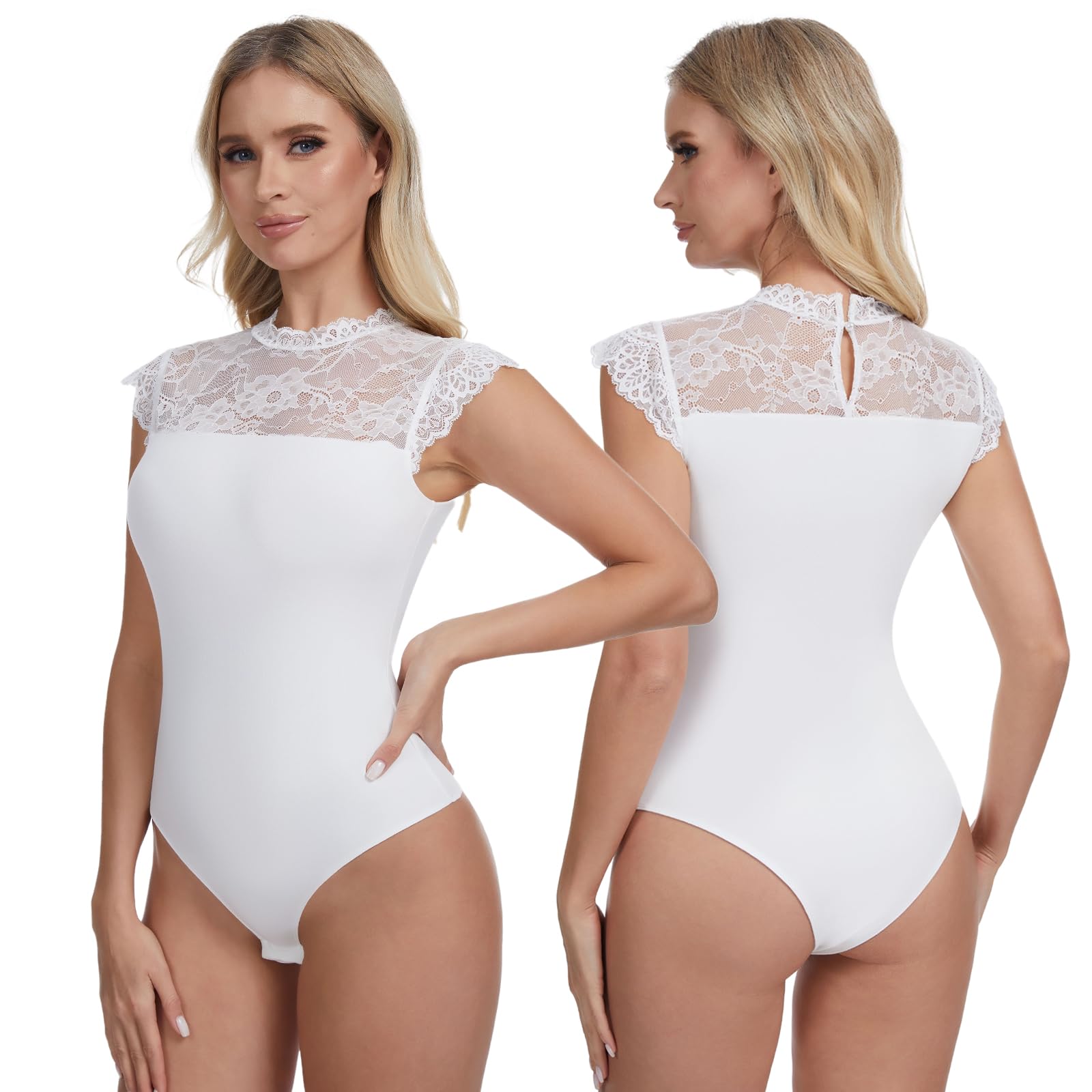 Joyshaper Body da donna in pizzo elegante con scollo alto, con volant e maniche corte