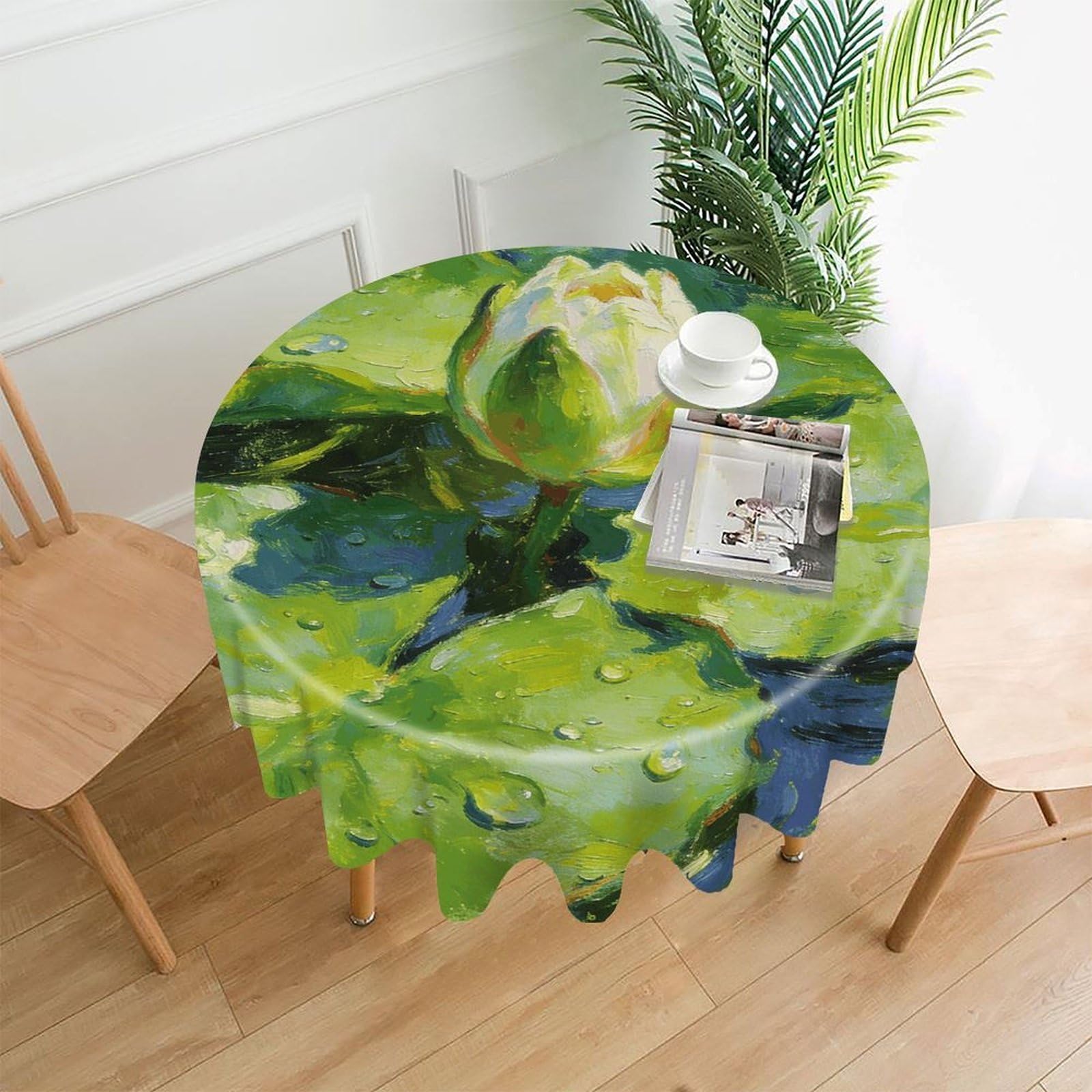LDGSUPH Green Oil Painting Lotus Round Tablecloth Cover Washable Luxurious Fabric Table Cover Decor Wrinkle Free Fashion Round Table Cloth for Home Dining Kitchen Party 60 in