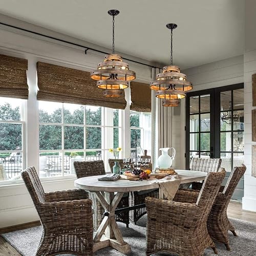 Miniatura 6 de 6 luces x 22 pulgadas de ancho de metal circular de madera vértigo geométrica lámpara industrial granja linterna colgante vestíbulo lámpara colgante