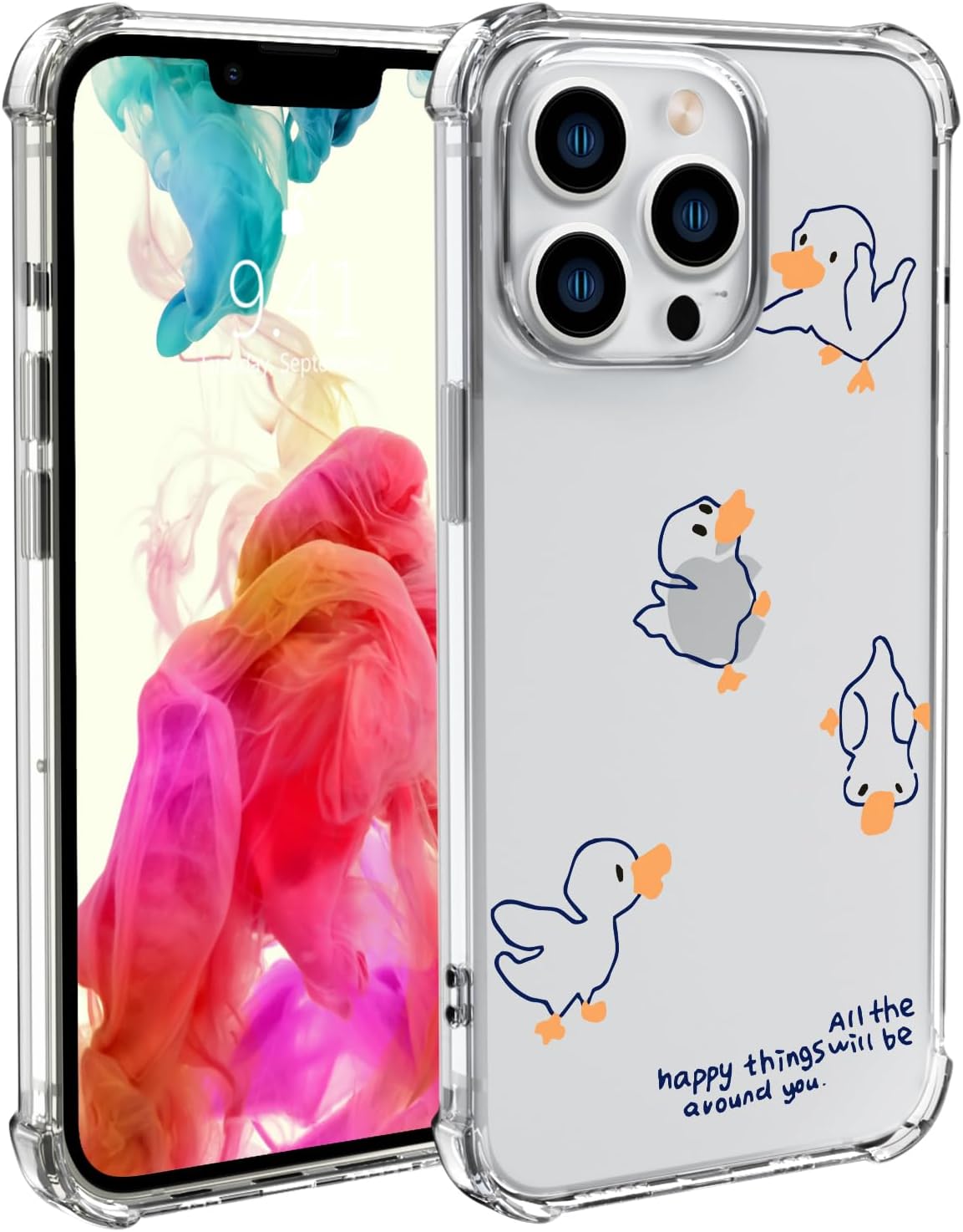 Lovely Duck Phone Case for iPhone 16 PRO Cute Duck Case Cover Clear Phone Case w/Four Corner Reinforced Shockproof Girly Women Phone Cover Transparent with Cute Design