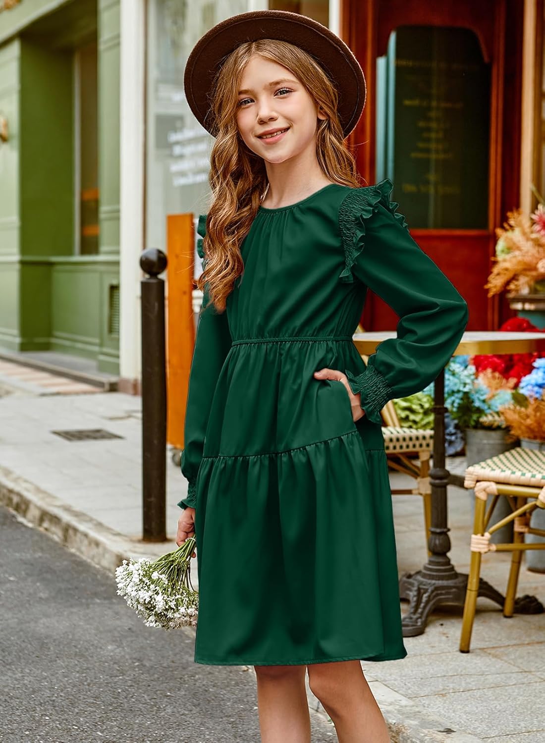 Girls Vintage Puff Long Sleeve Ruffle Dresses with Two Side Pockets for 6-13 Years, Fall/Spring/Summer - Image 3