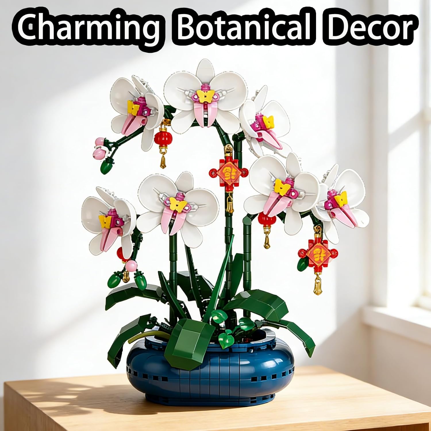 White Orchids Building Blocks Set Compatible with Lego, Butterfly Bonsai Flowers Bouquet with Exquisite Vase Botanical Collection Decor, Artificial Plant Great Toy Gift for Adult, Teen(587PCS)