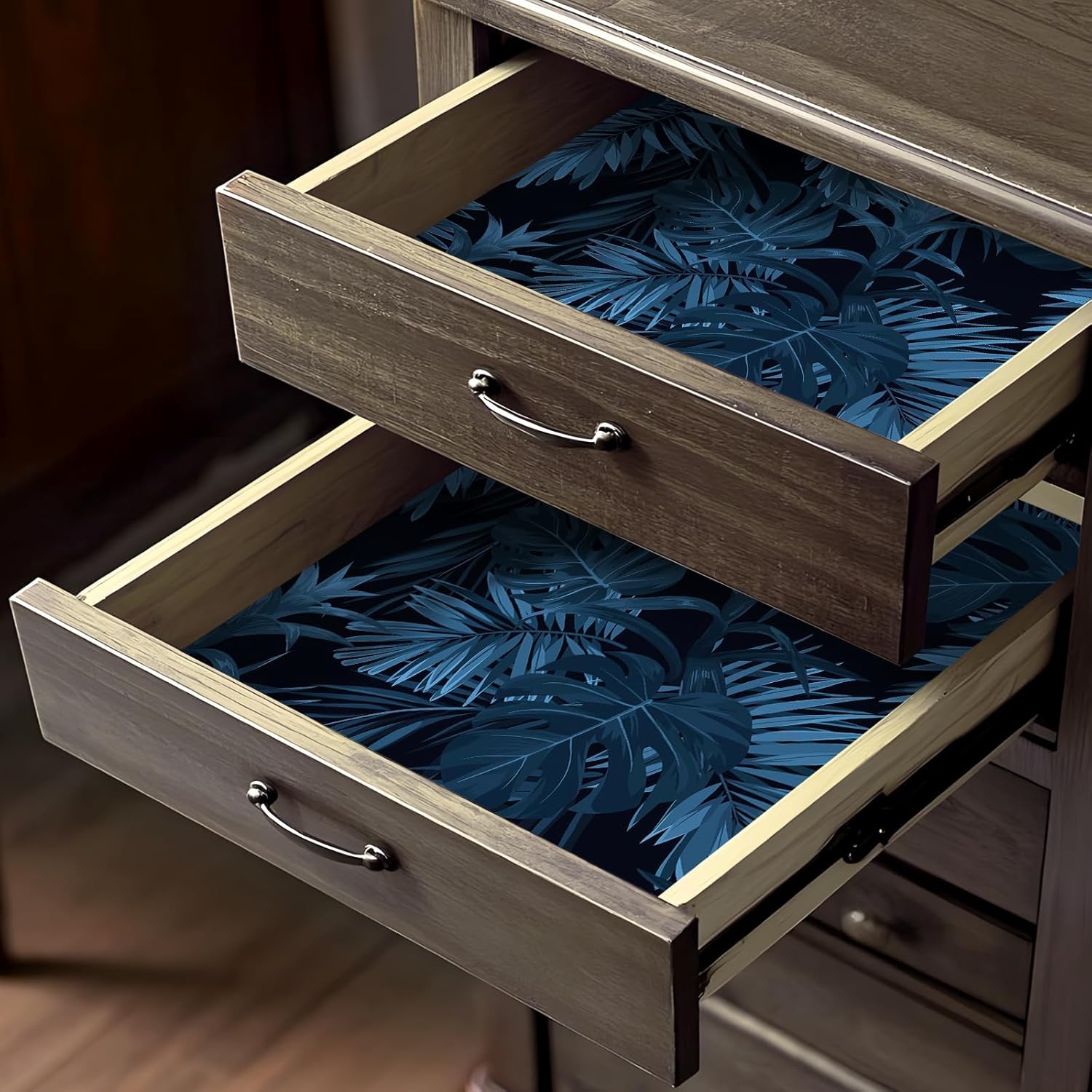 17.5x475 Dark Blue Tropical Wallpaper Peel and Stick Botanical Wallpaper Moody Tropical Contact Paper for Accent Wall Table Removable Self Adhesive Leaves Contact Paper for Bedroom Wall Murals