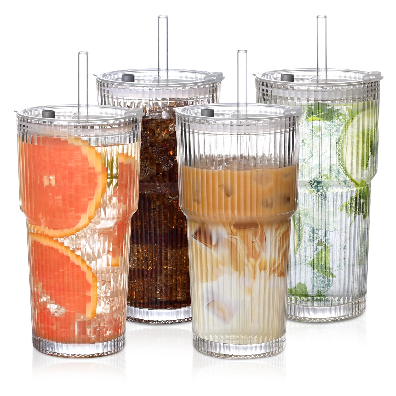 AUFXKOO 0oz Ribbed Glass Cups with Lids and Straws,2PCS Glass Tumbler with Straw and Lid,Drinking Glasses for Iced Coffee Cups,Juice,Smoothies