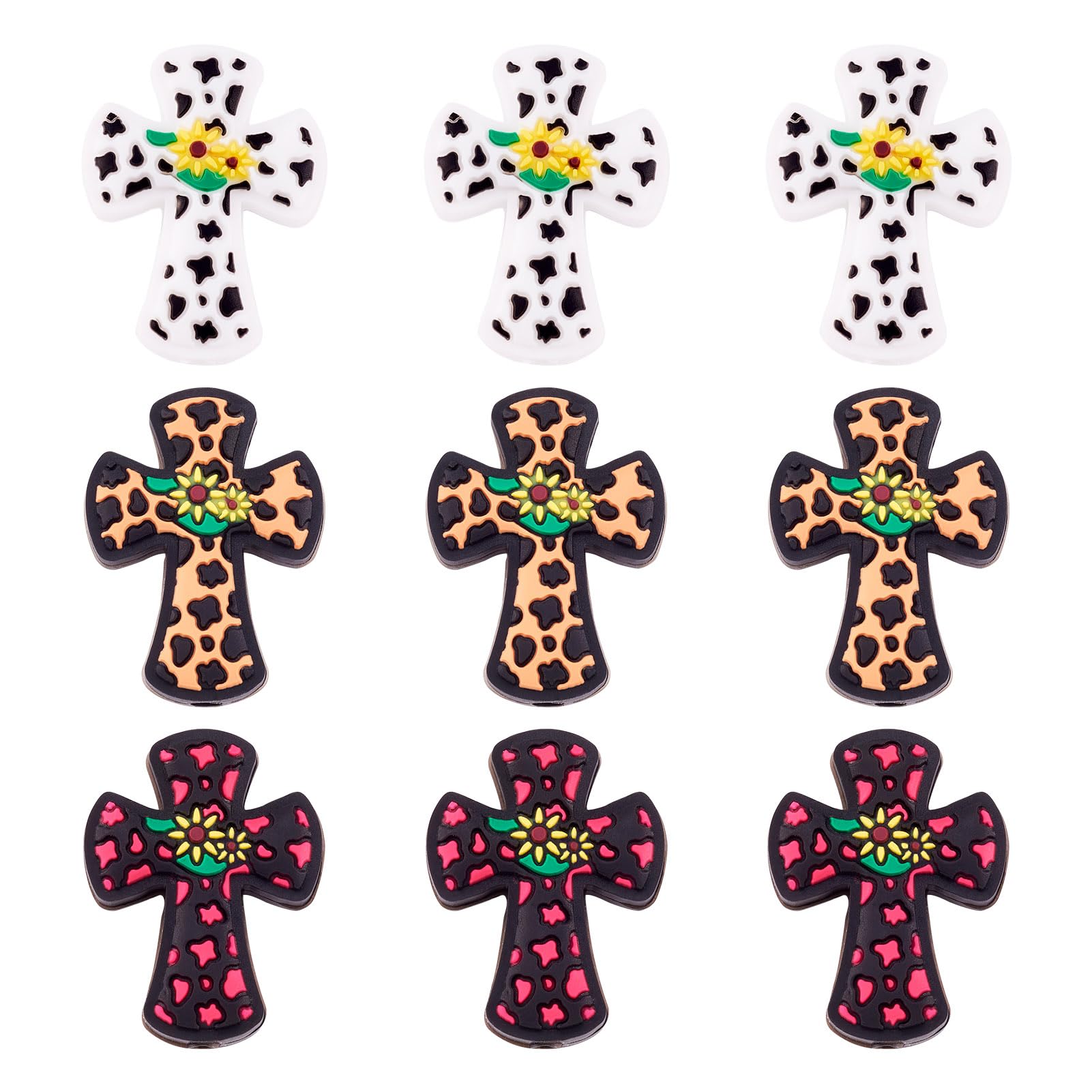 Spritewelry 12pcs Cross Silicone Focal Beads for Pen Leopard Flower Cross Silicone Beads Easter Rubber Beads Religion Jesus Cross Silicone Beads for DIY Keychain Jewelry Making