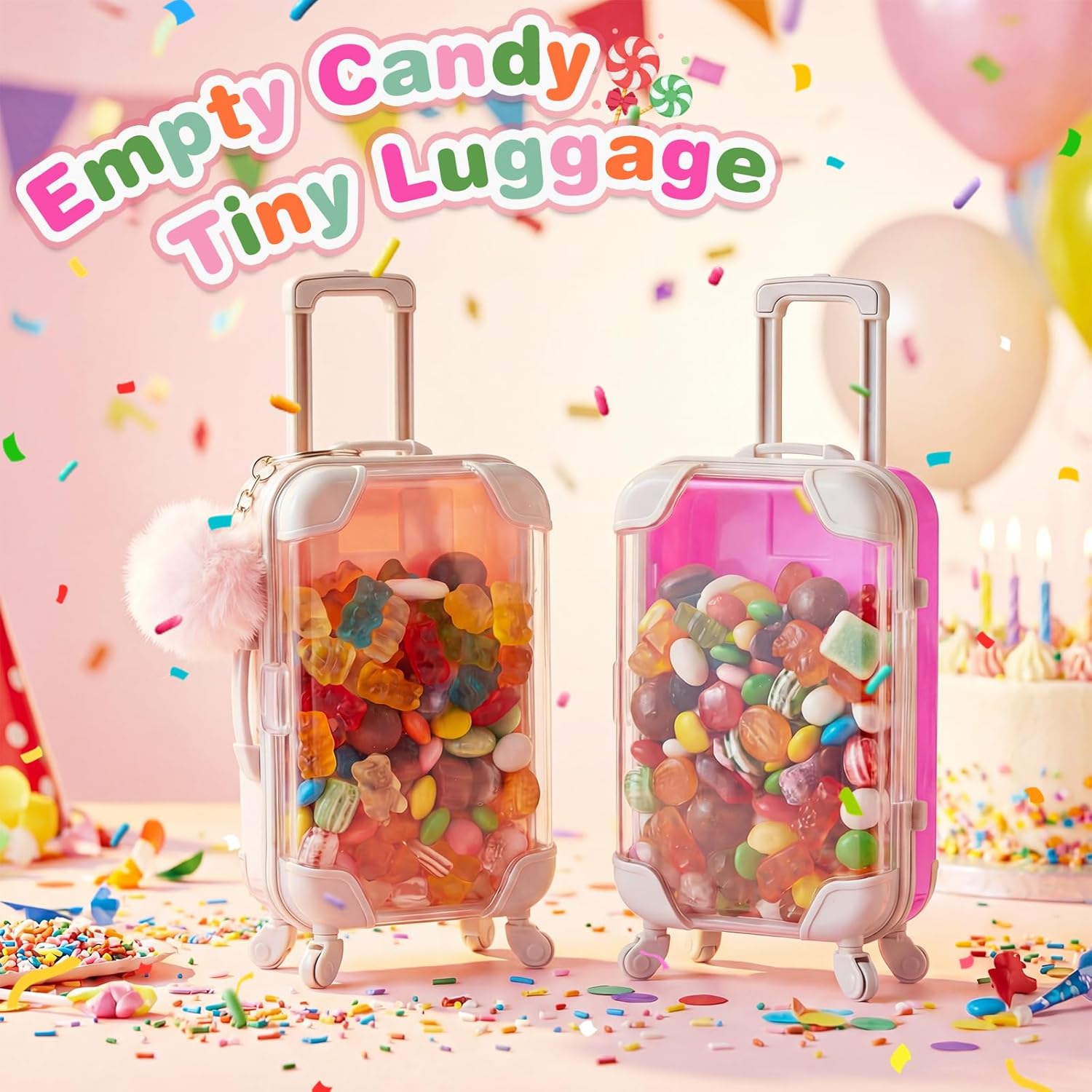 36 Pcs Mini Empty Suitcase Storage Box with Plush Ball Keychain Headband Clear Candy Luggage Storage Containers Suitcase Packaging Case for Wedding Birthday Bridal Party (Pink,Rose Red)