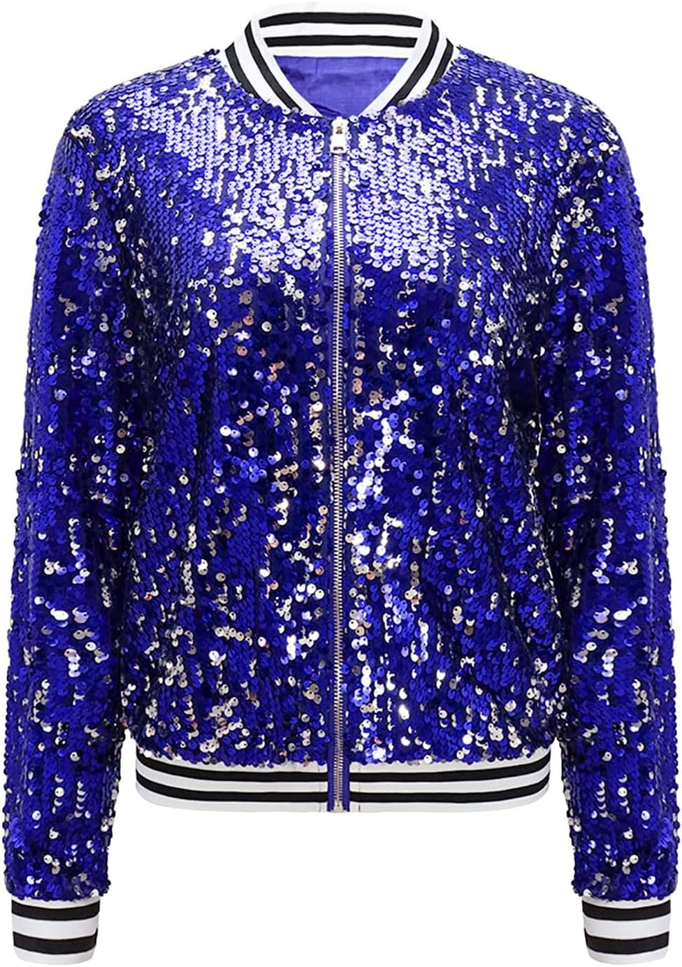 Women's Sequin Jacket Long Sleeve Zip Up Bomber Jacket Coat with Ribbed Cuffs 1989 Slitter Outfit for Concert Party